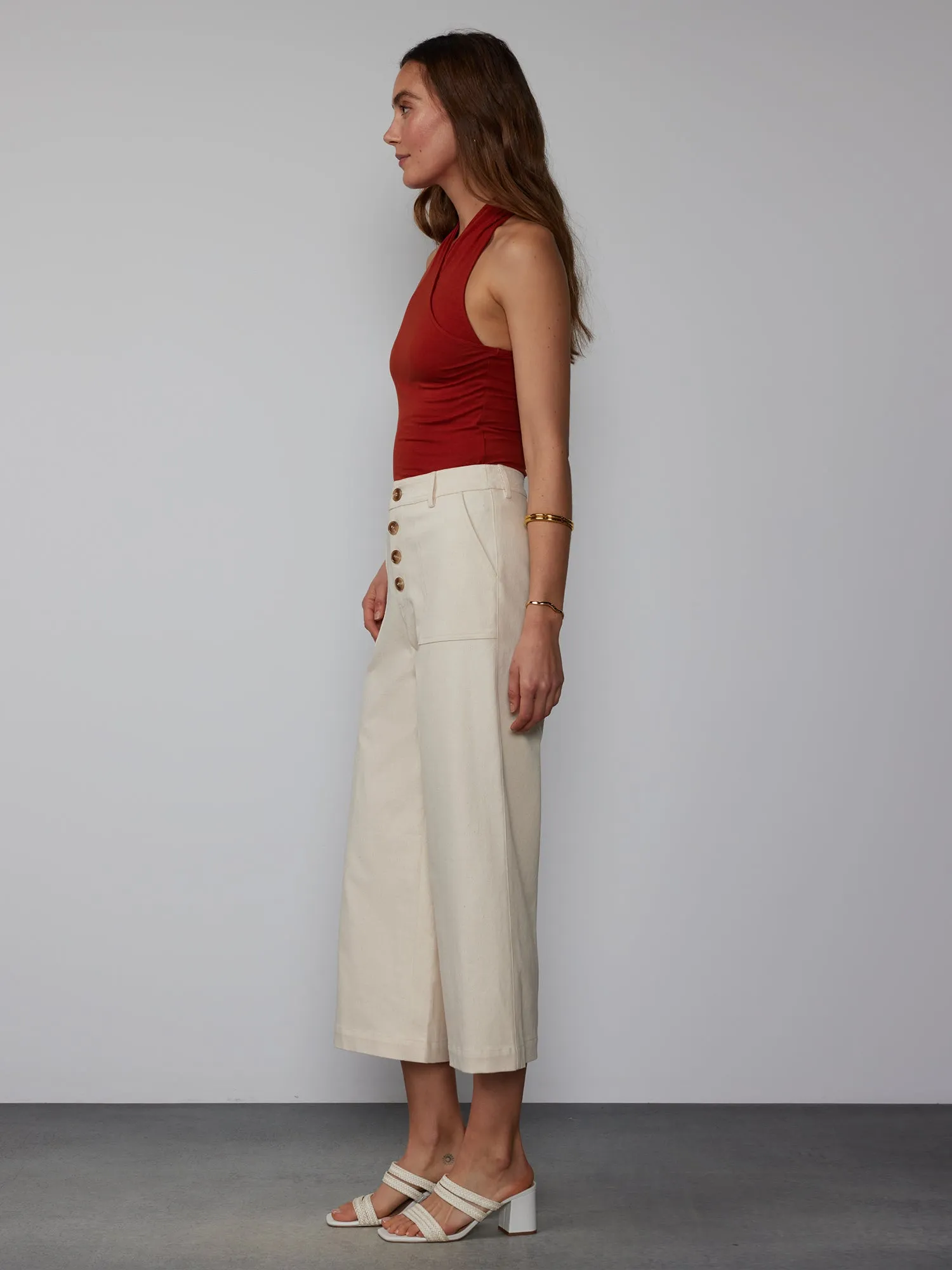 4 Button Wide Leg Twill Cropped Pant