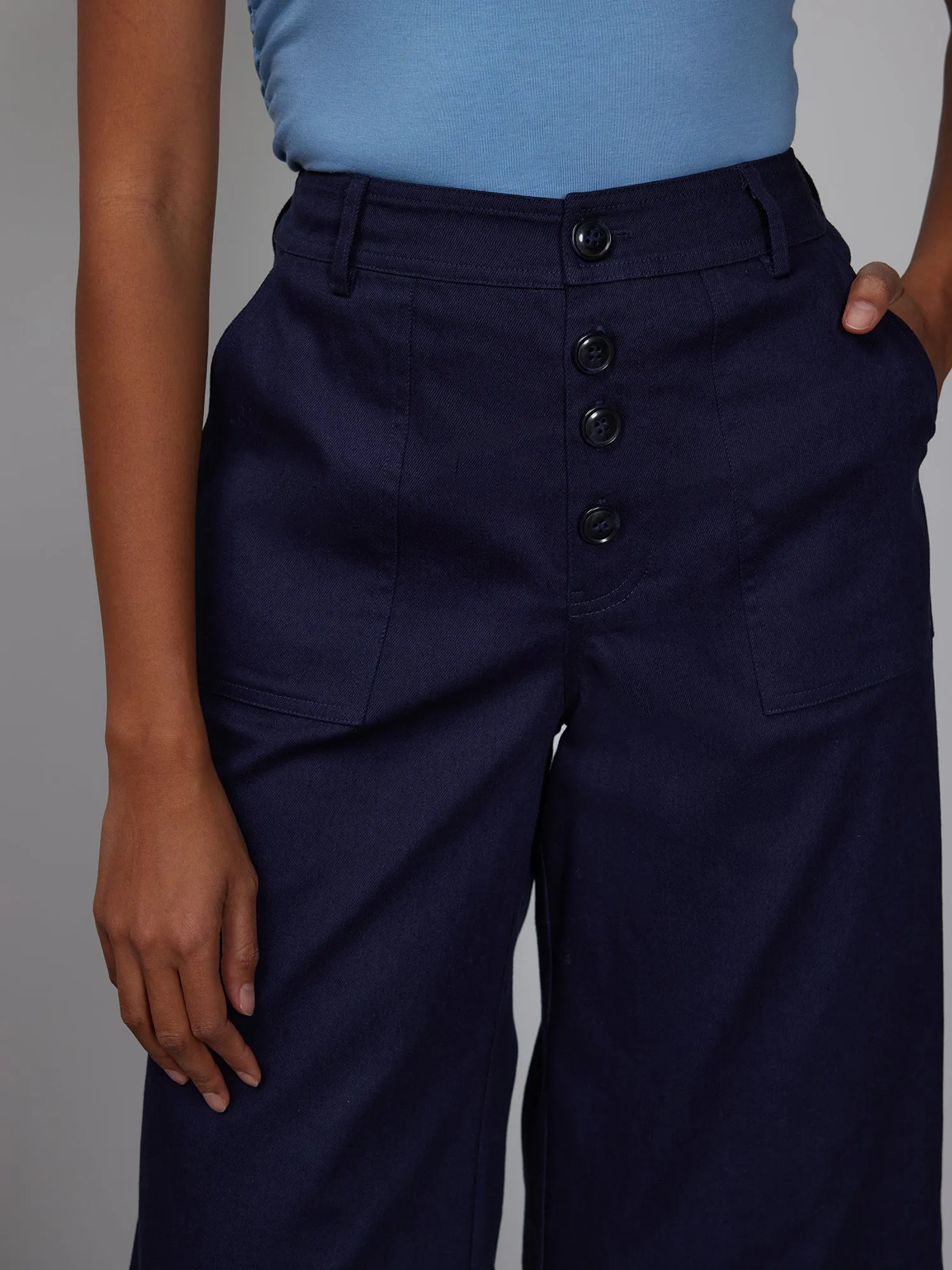 4 Button Wide Leg Twill Cropped Pant