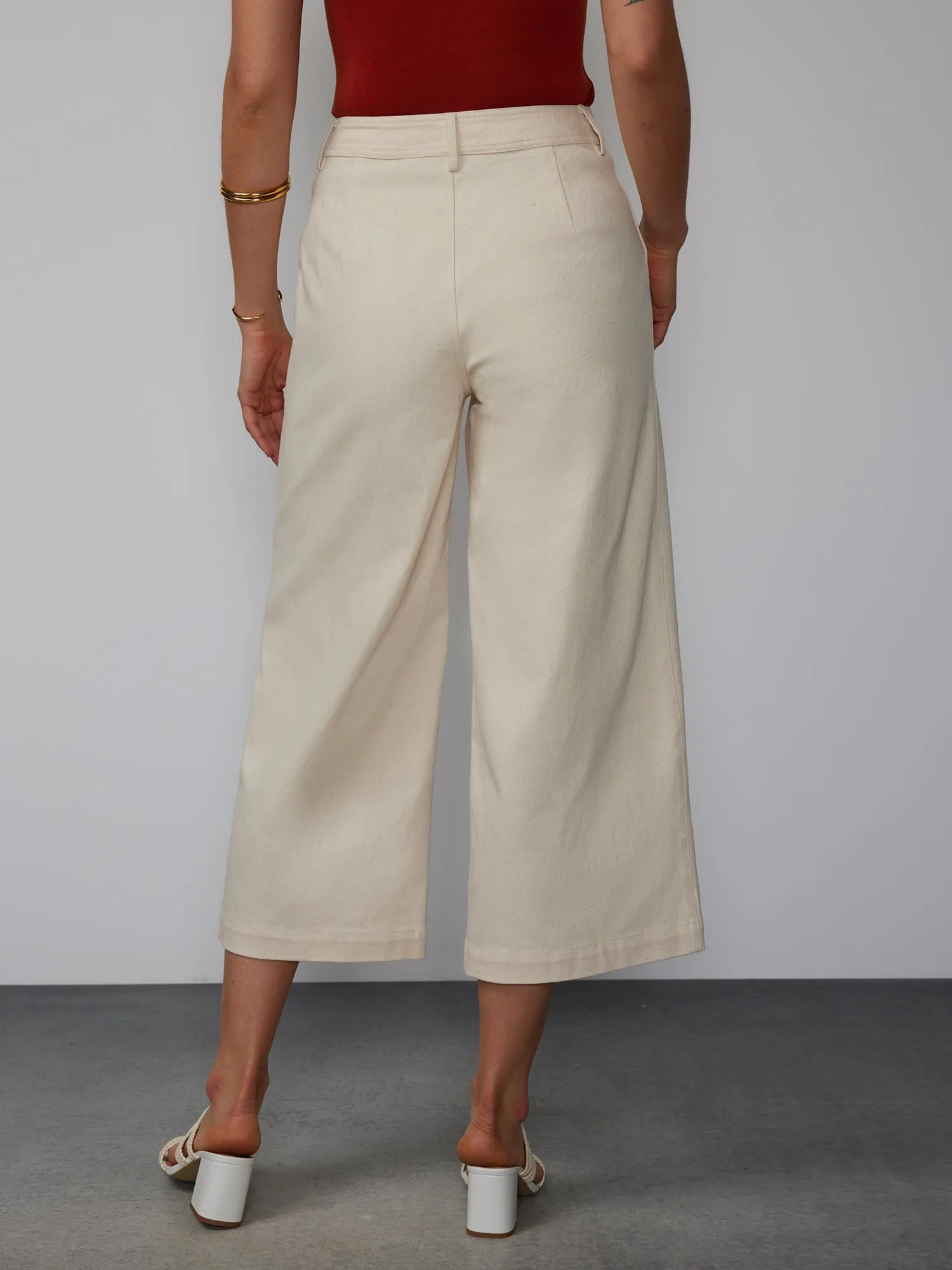 4 Button Wide Leg Twill Cropped Pant