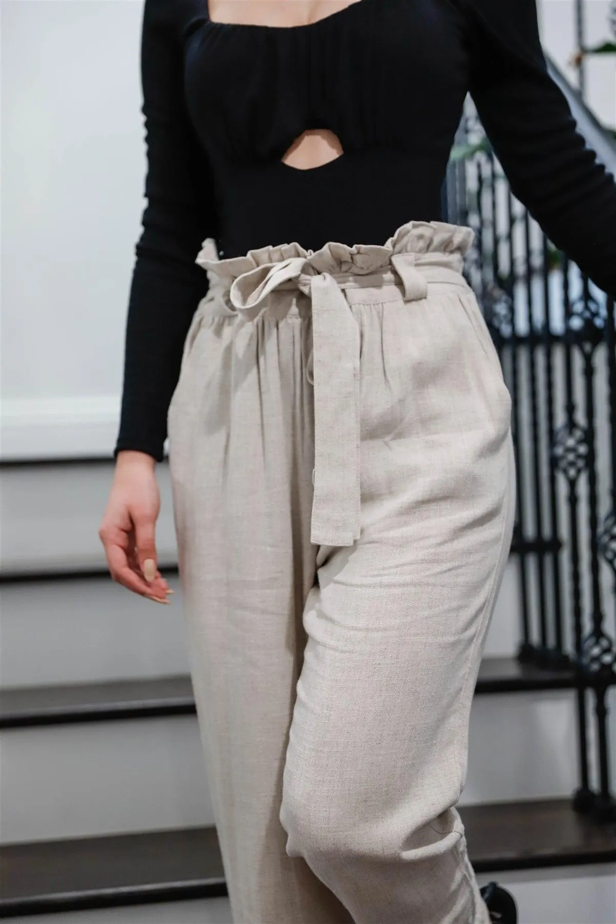 Beige Viscose & Linen Blend Self-Tie Belted Pants /2-2-1-2