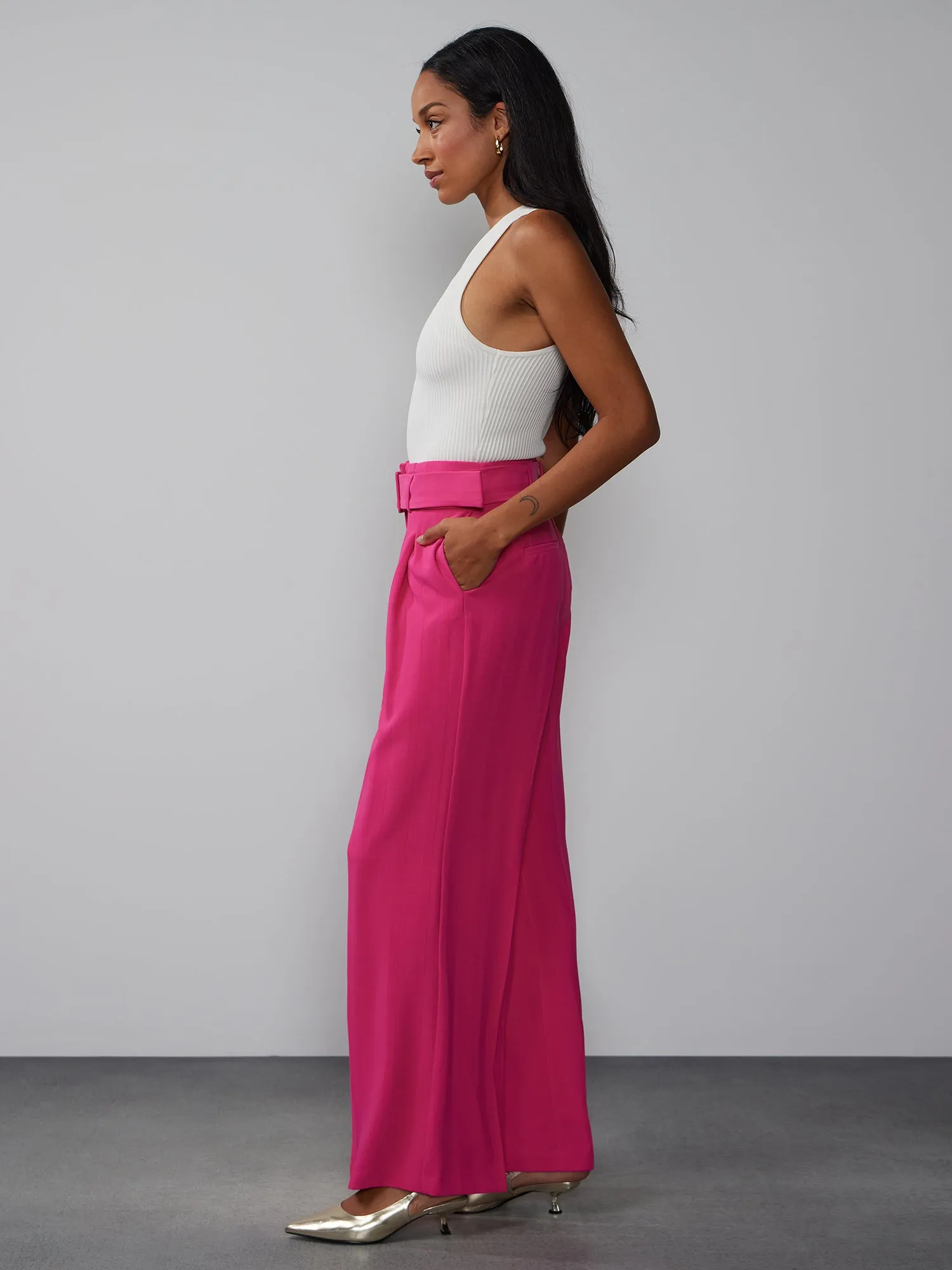 Belted Crepe Wide Leg Pant