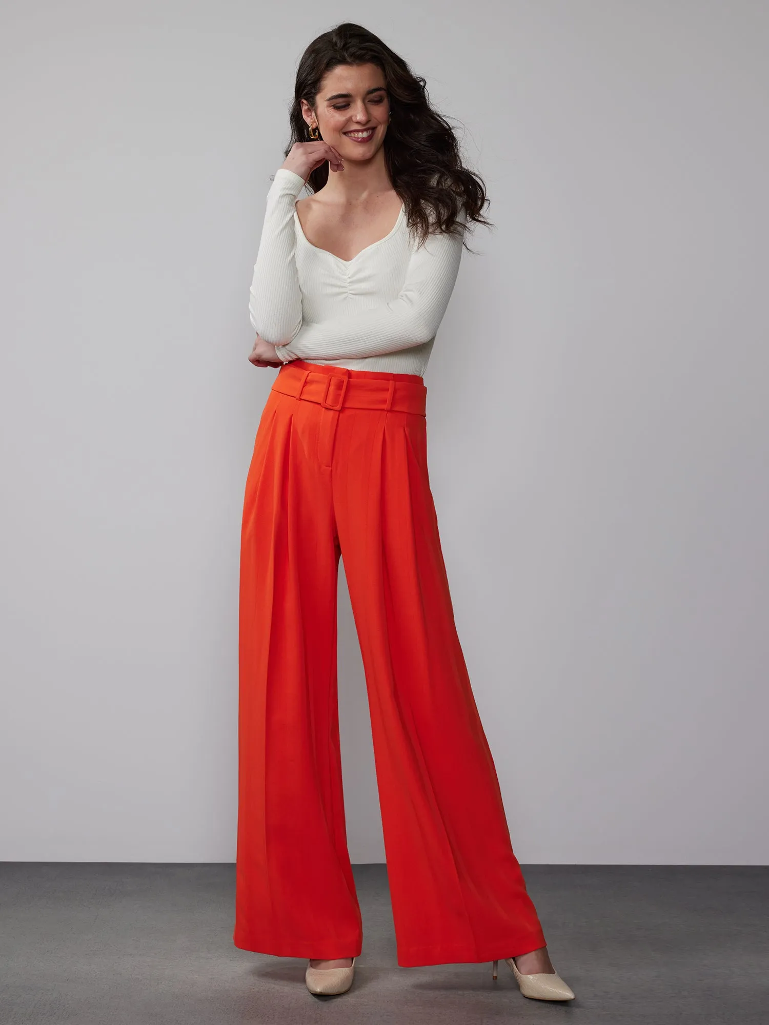 Belted Crepe Wide Leg Pant