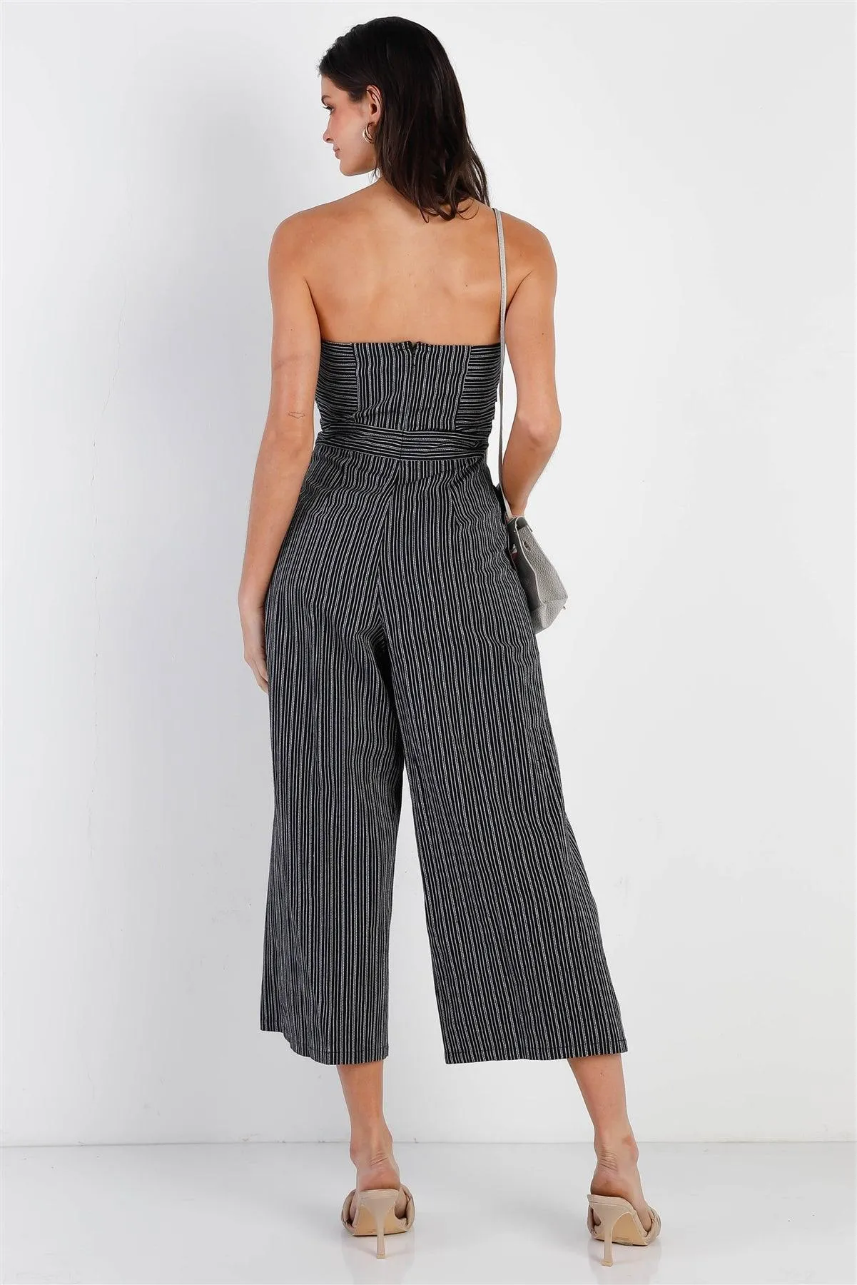 Black Stripe Textured Front Ruched Detail Sleeveless Culotte Leg Jumpsuit /1-2-2-1