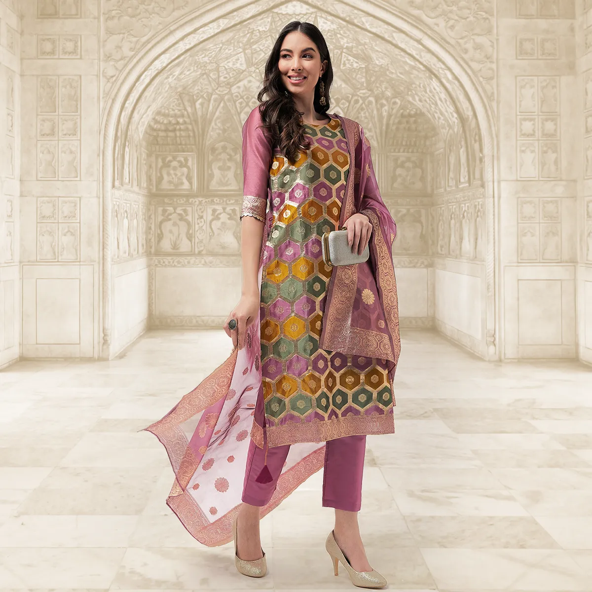 Brocade Jacquard Festive Kurta With Dupatta And Matching Pants