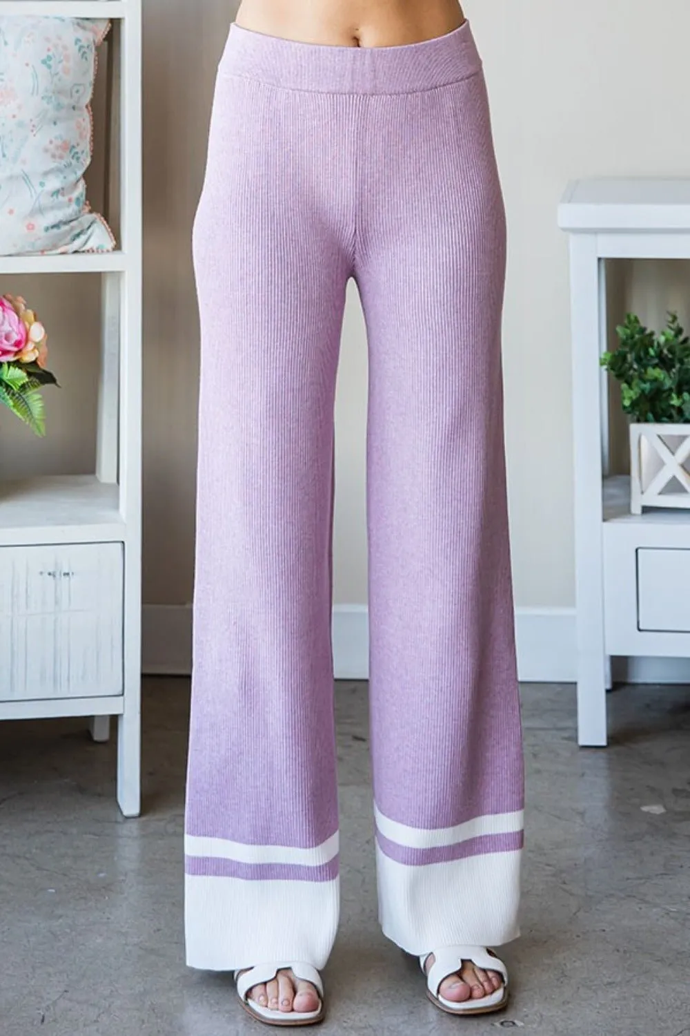 Contrast Rib Knit Pants in Pale Lilac