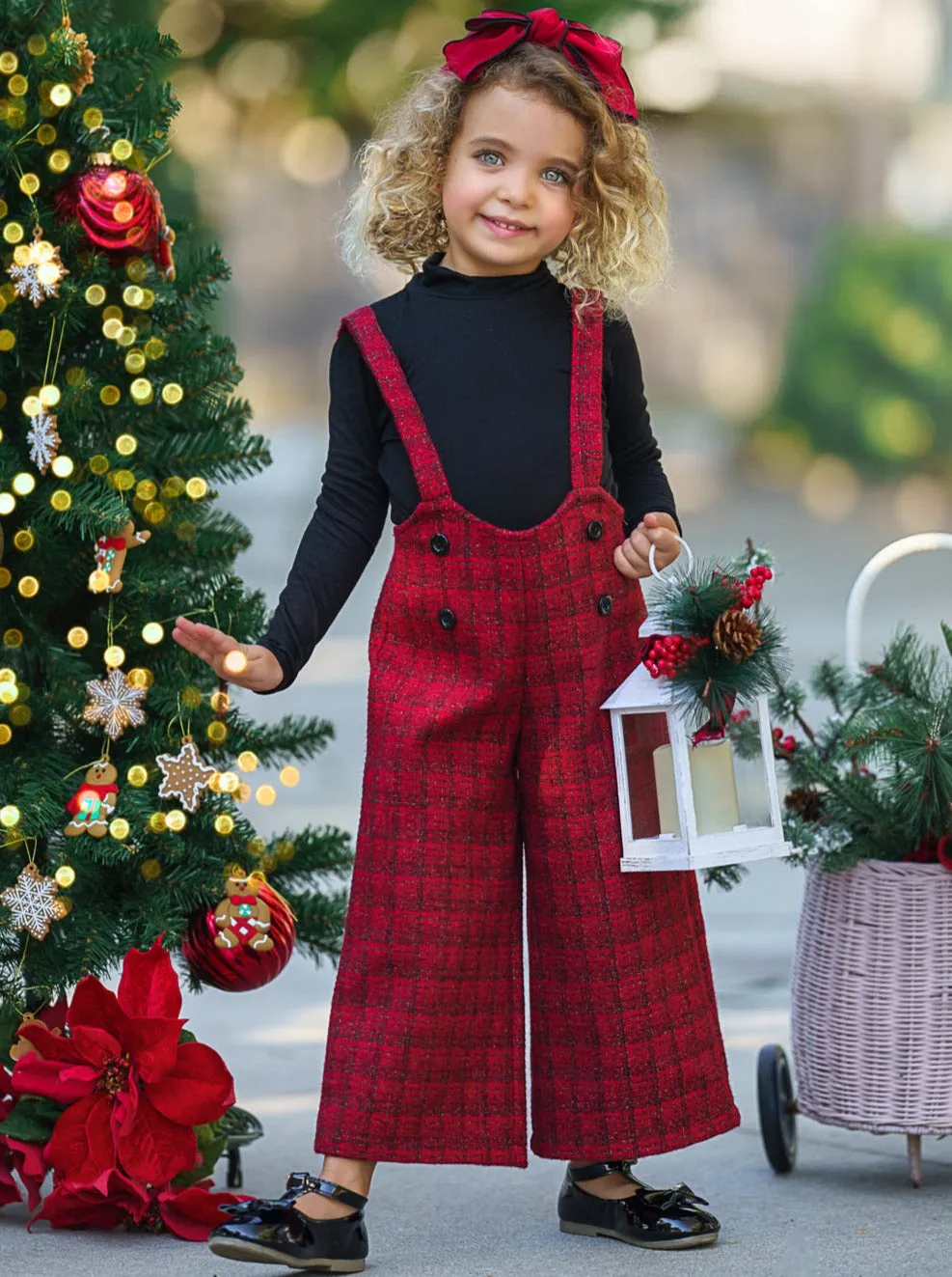 Cozy Couture Turtleneck Top and Flannel Overalls Set