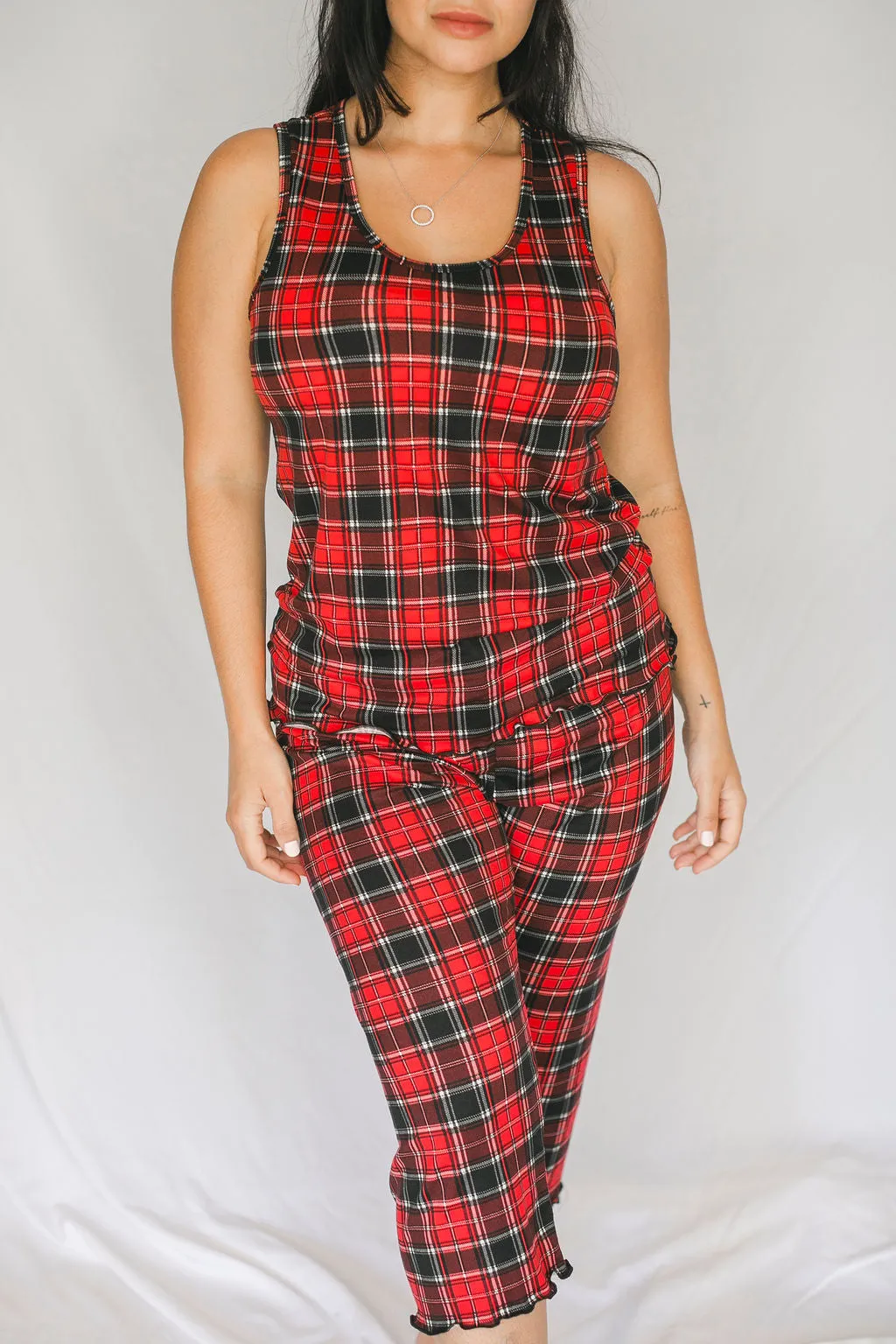 Cozy Red Plaid Pajama Capris Set