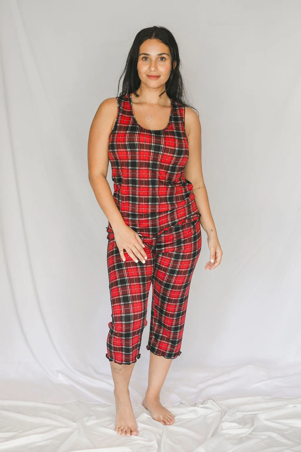 Cozy Red Plaid Pajama Capris Set