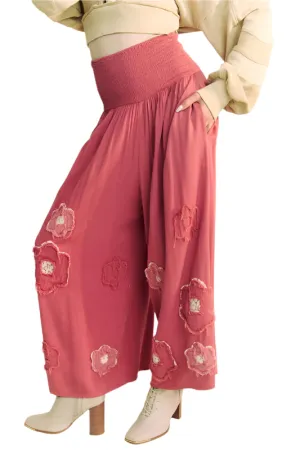 Davi & Dani Smocked Waist Flower Patch Wide Leg Pants