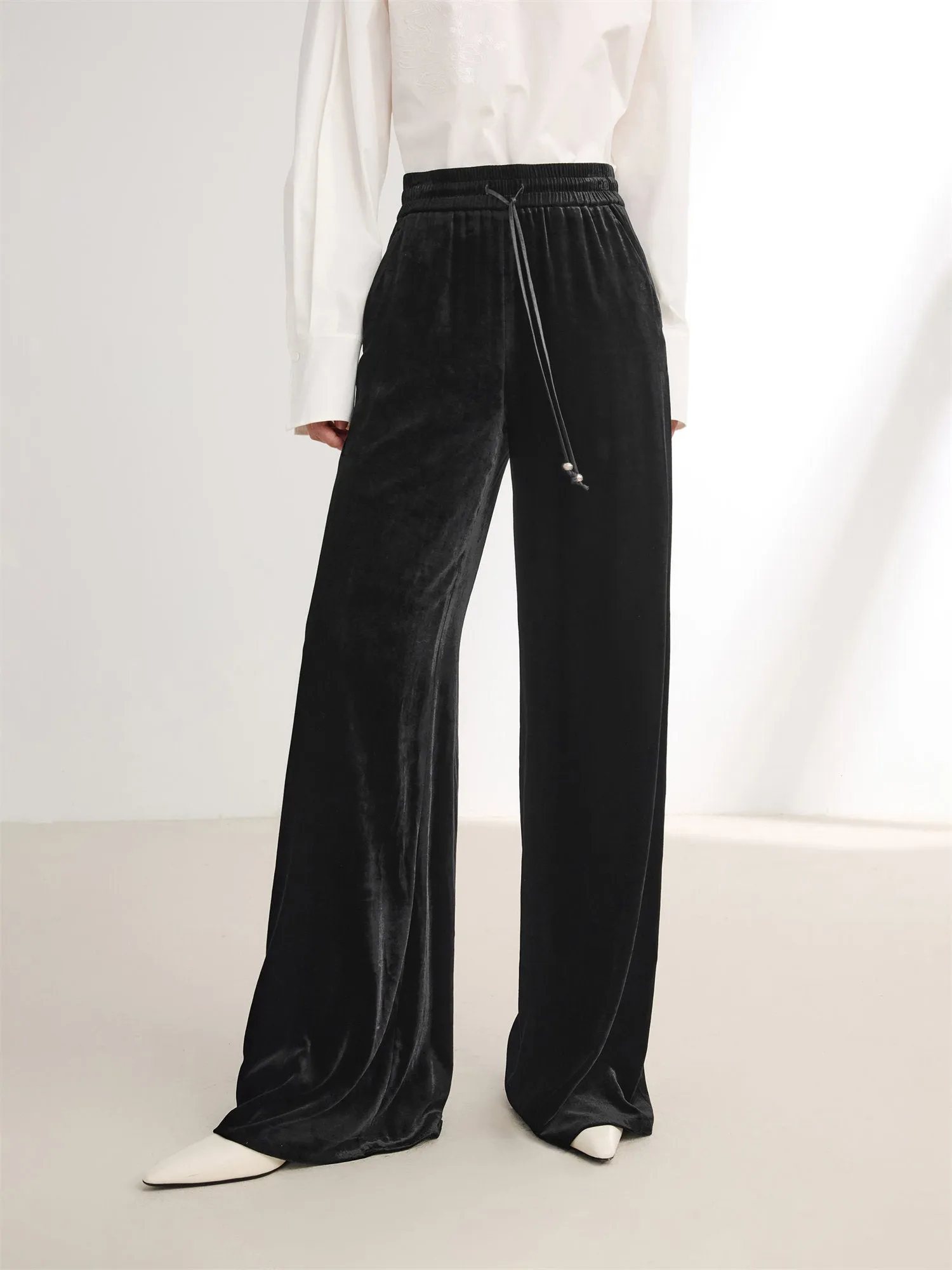 EP YAYING Stretch Velvet Wide-Leg Pants