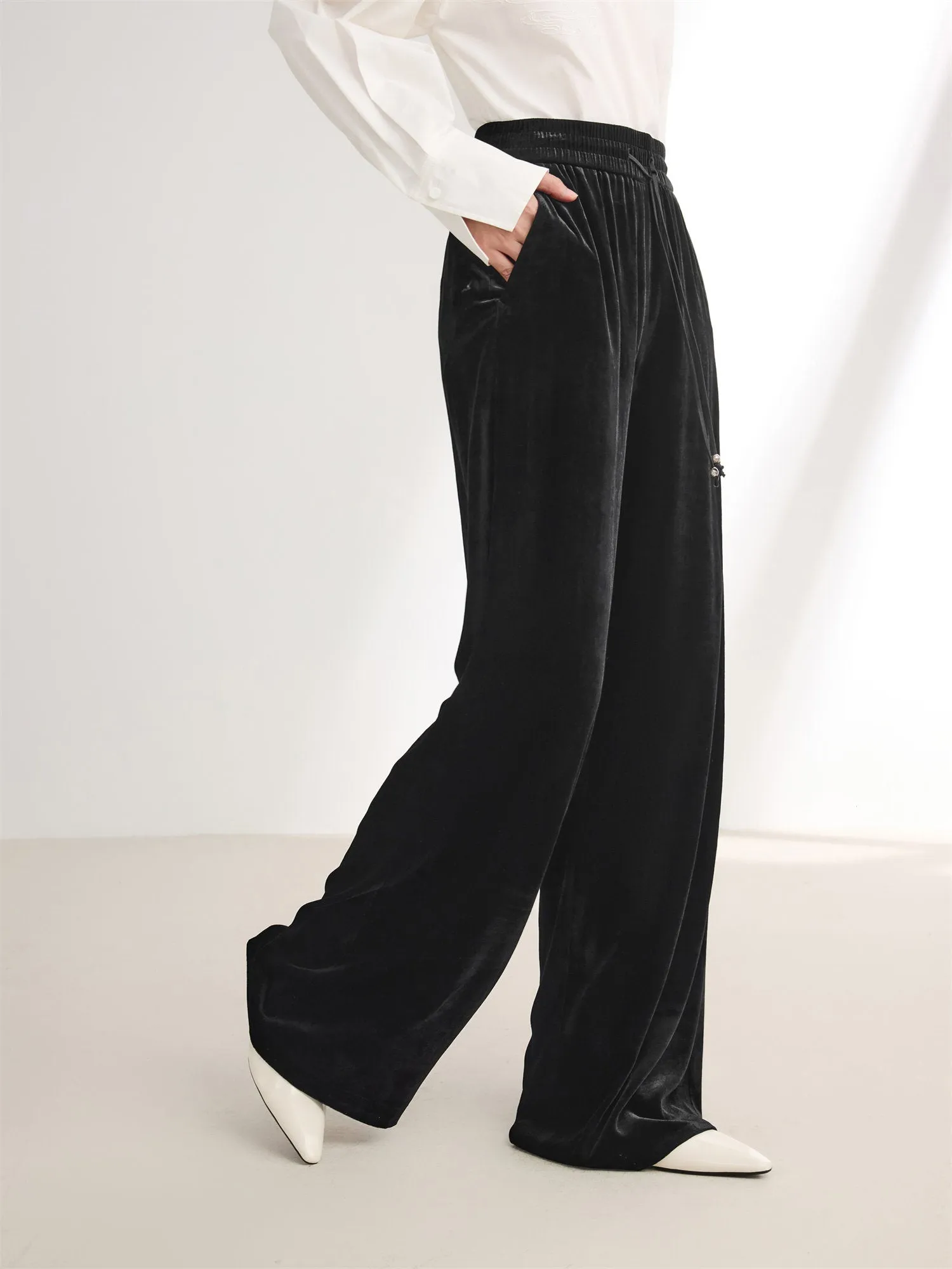 EP YAYING Stretch Velvet Wide-Leg Pants