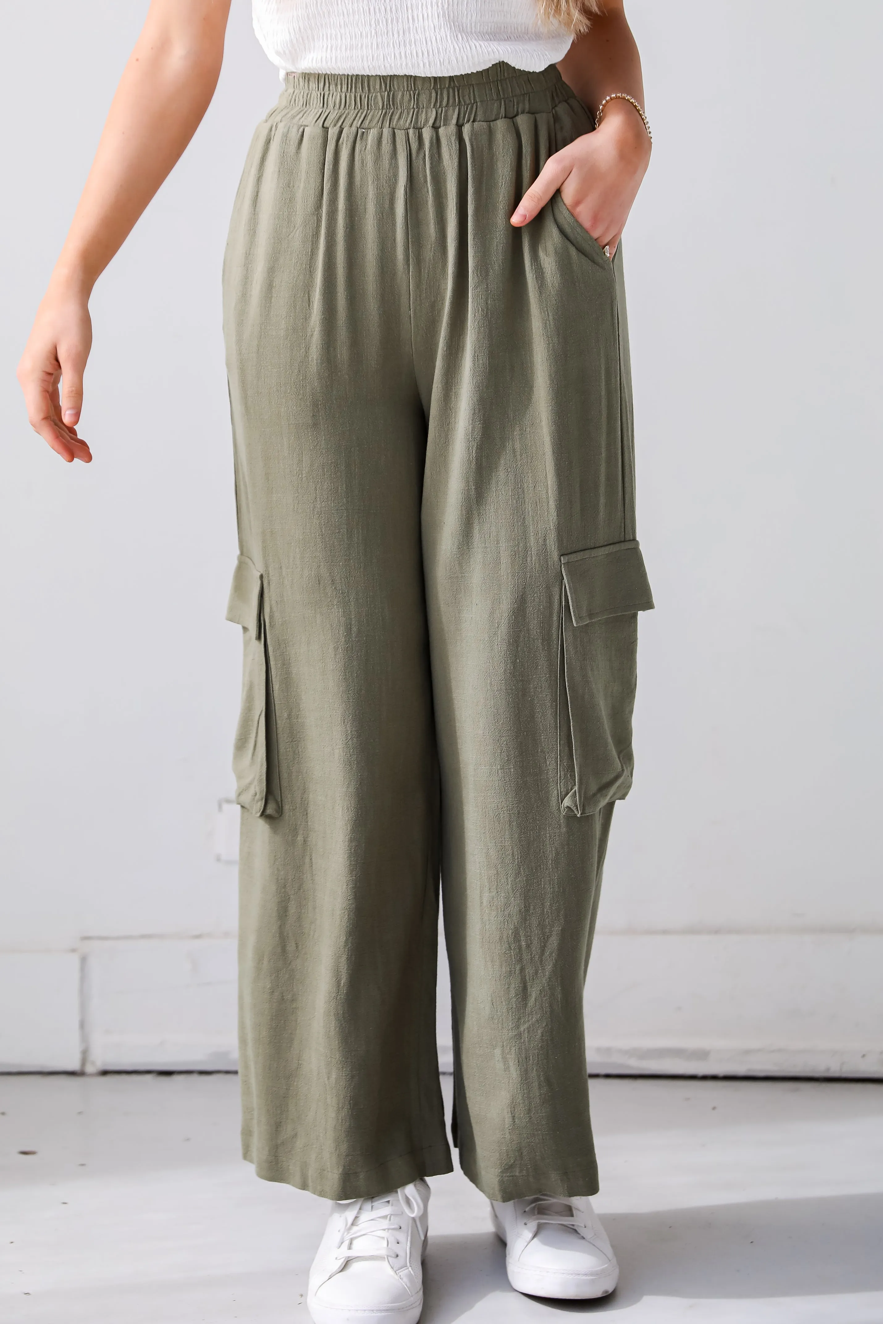 FINAL SALE - Confidently Sleek Light Olive Linen Cargo Pants - DU DEAL