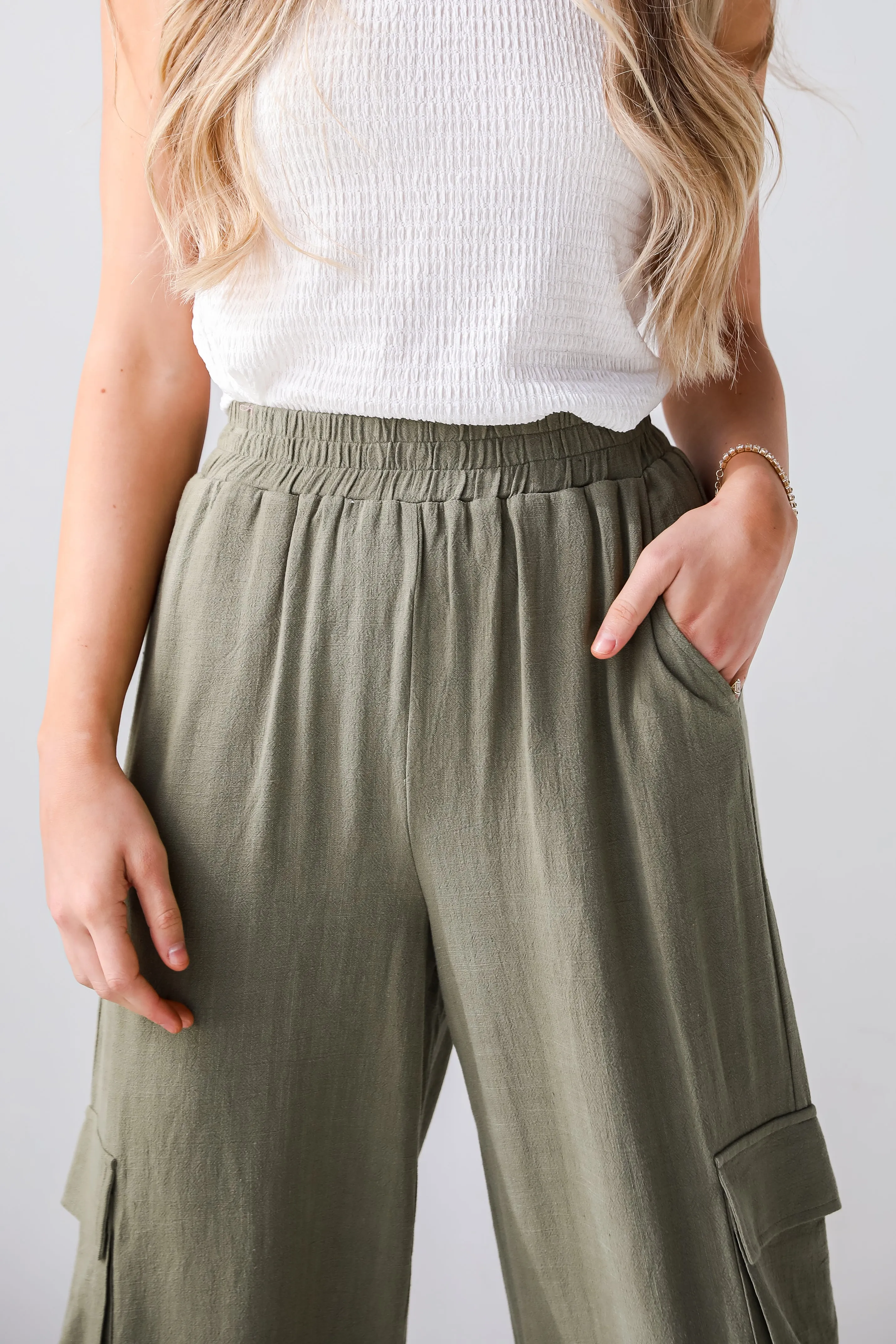 FINAL SALE - Confidently Sleek Light Olive Linen Cargo Pants - DU DEAL