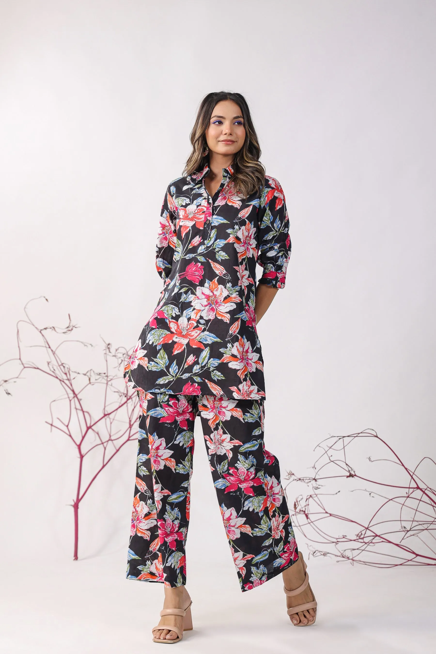 Hibiscus Black Palazzo Loungewear Set