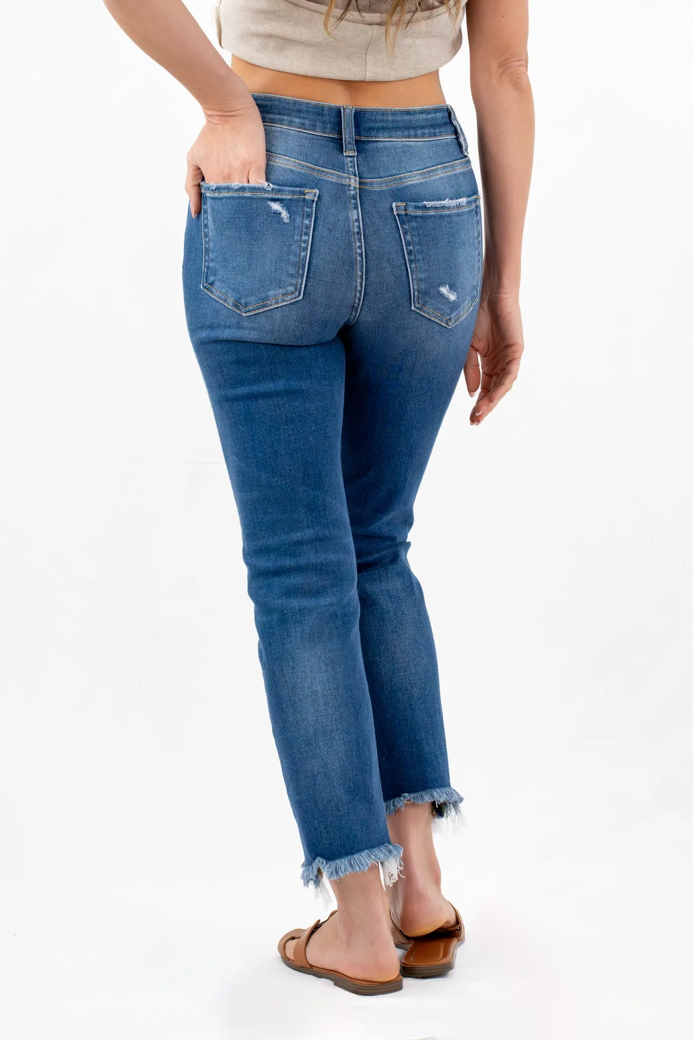 High Rise Slim Straight Jean with Raw Hem Detail