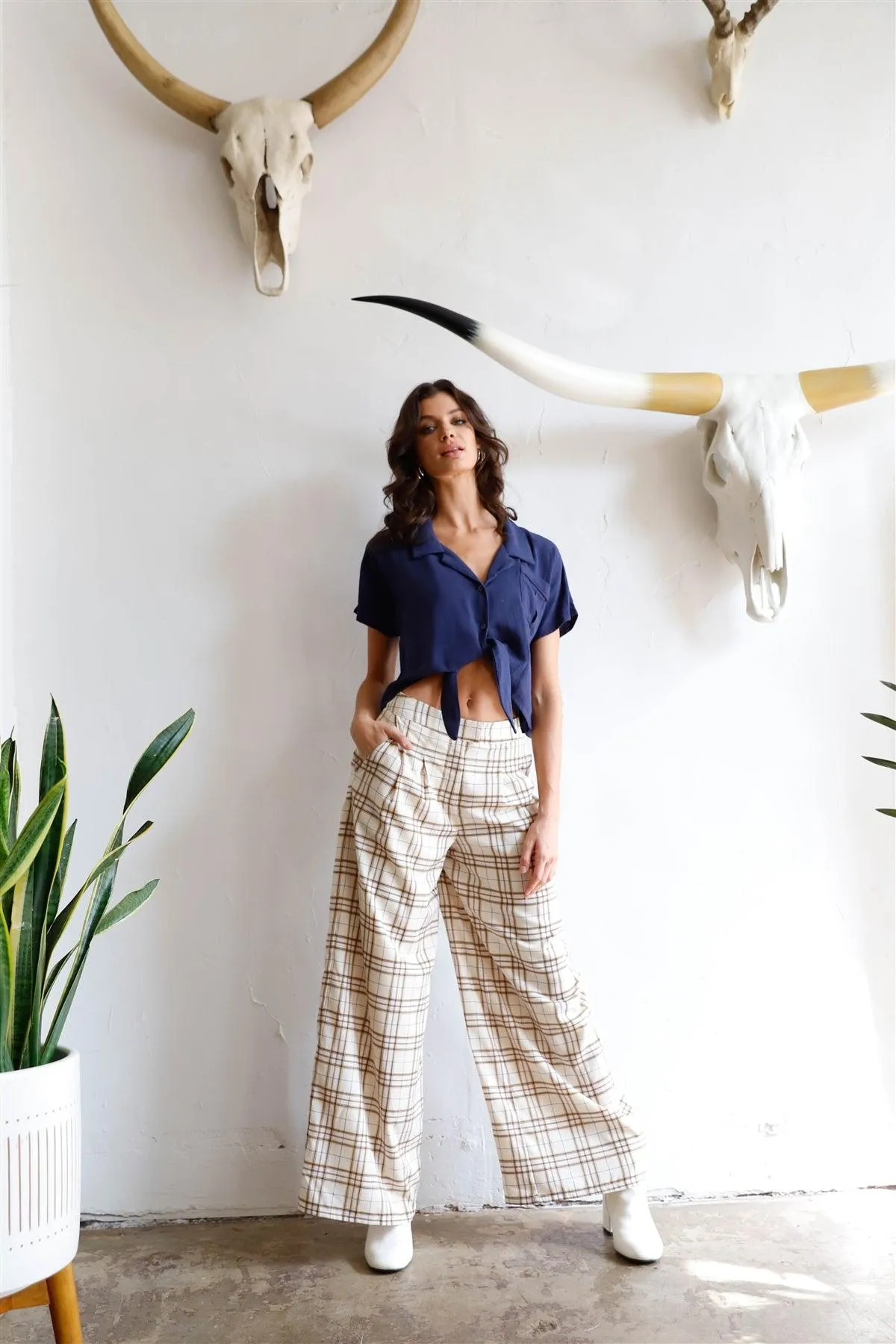 Ivory Multi Color Plaid Wide Leg Pants /1-2-2-1