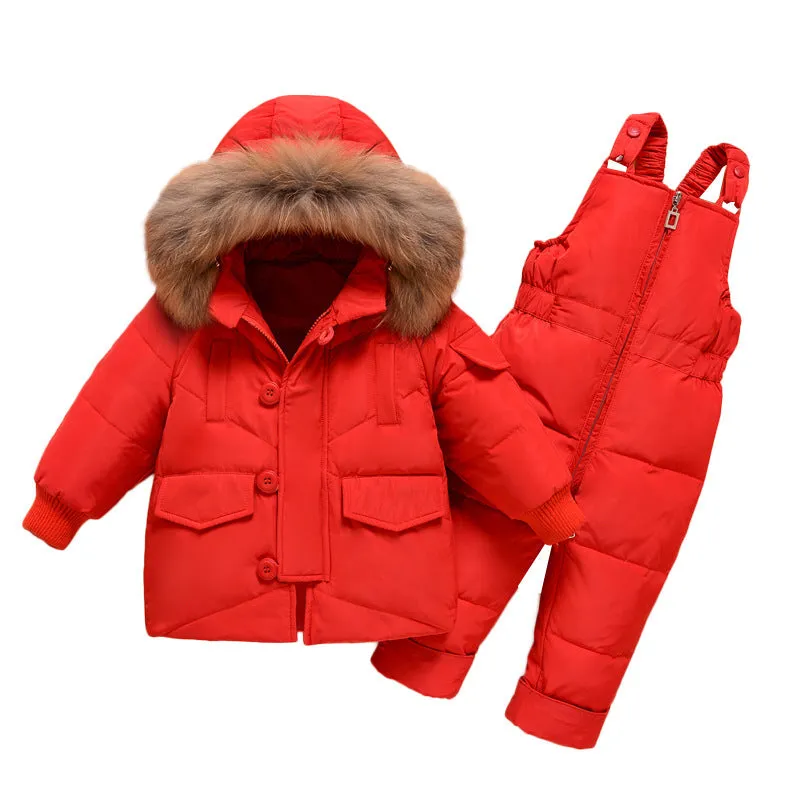 JiAmy Fashionable Ski Bib Pants Fur Down Jacket Toddler Winter Outfit Sets Snowsuit