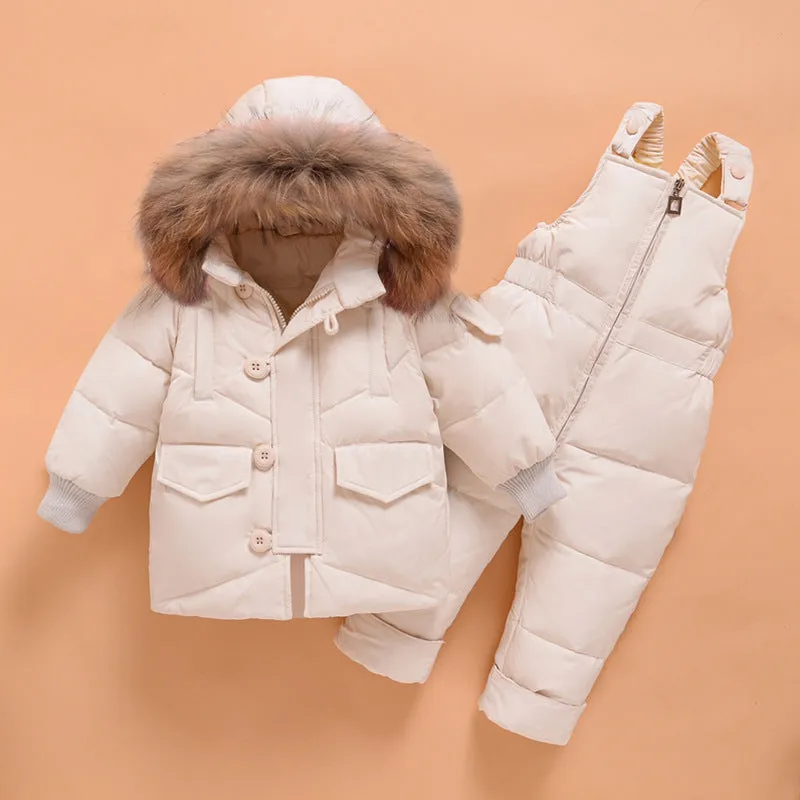 JiAmy Fashionable Ski Bib Pants Fur Down Jacket Toddler Winter Outfit Sets Snowsuit