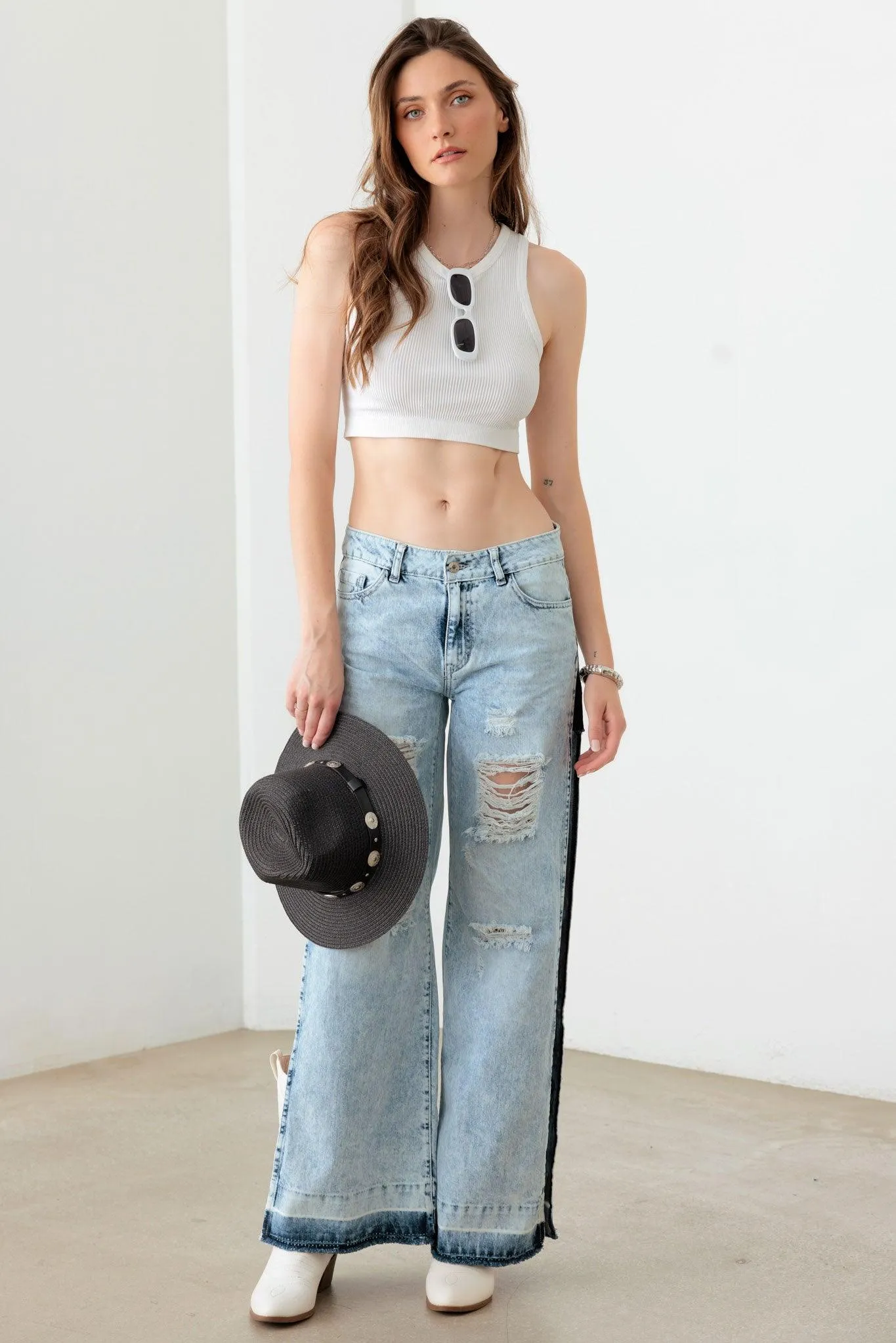 Light Blue Destroyed Deep Side Slit Raw Hem Jeans