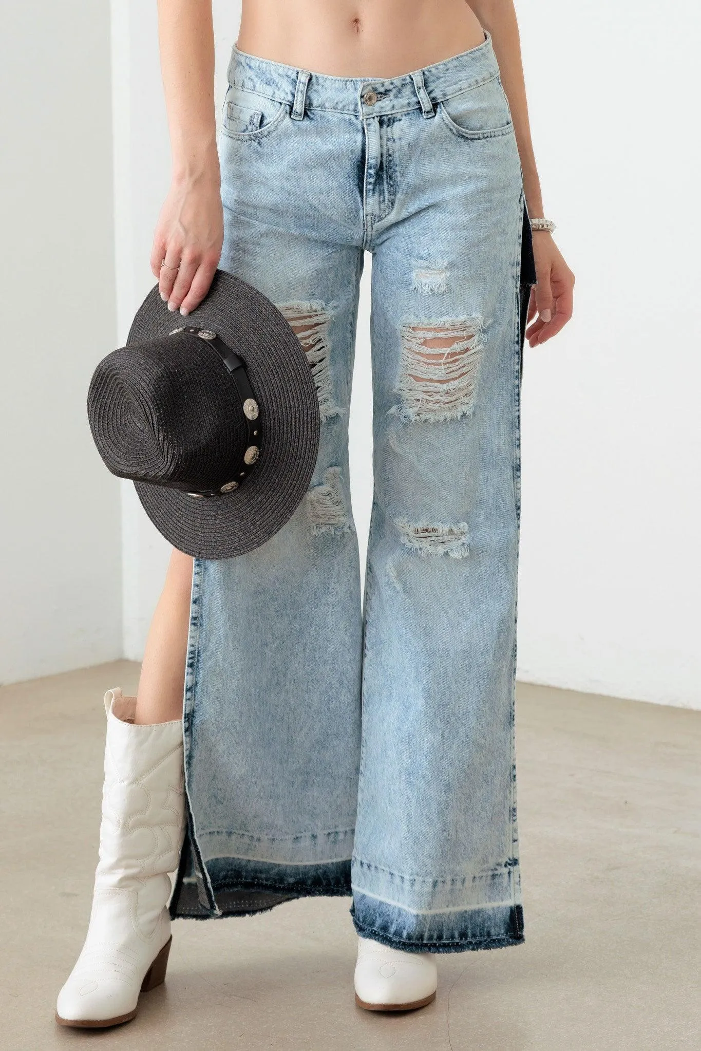 Light Blue Destroyed Deep Side Slit Raw Hem Jeans