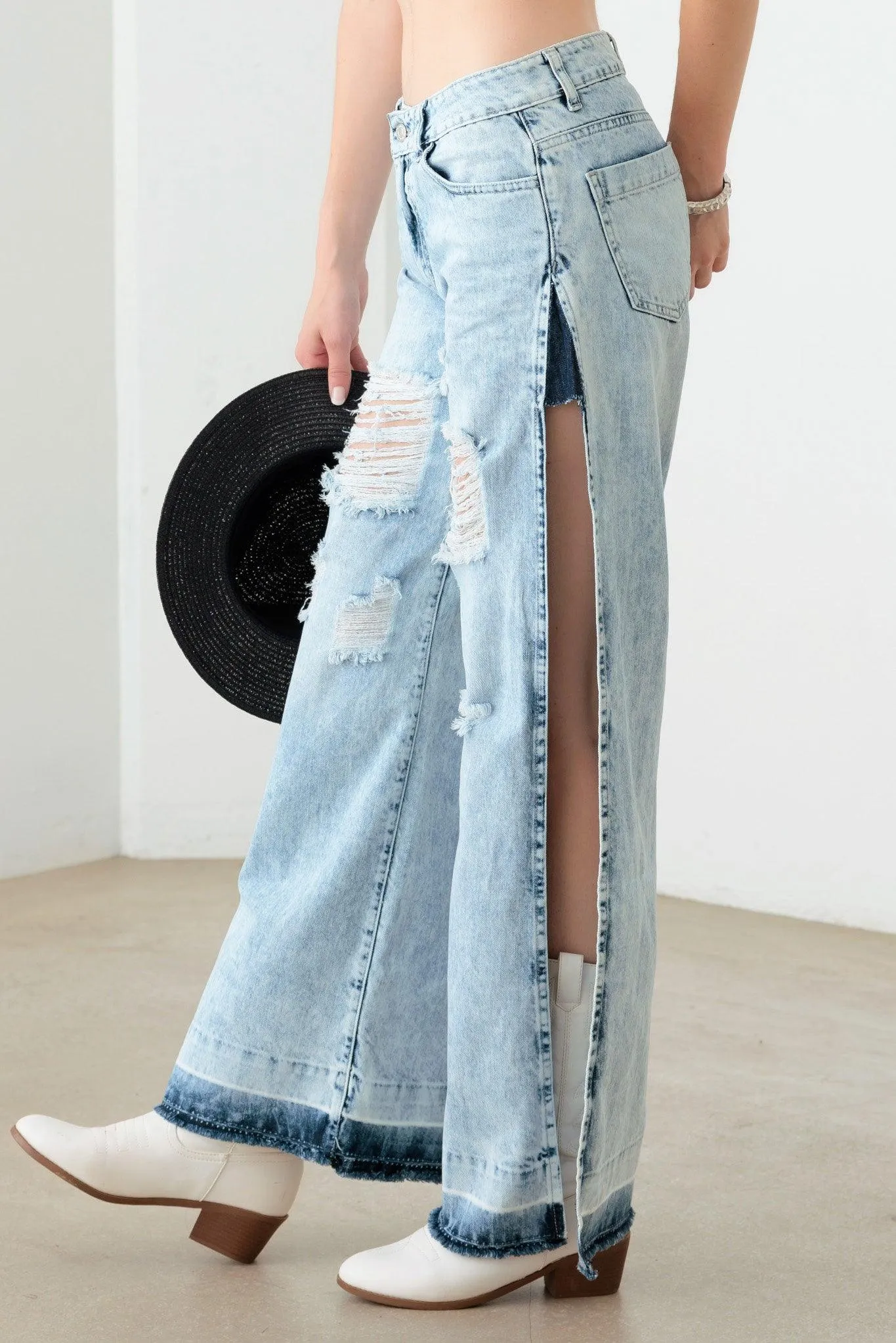 Light Blue Destroyed Deep Side Slit Raw Hem Jeans