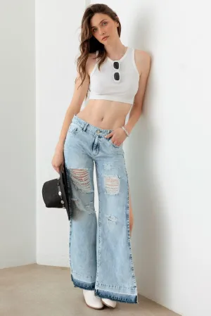 Light Blue Destroyed Deep Side Slit Raw Hem Jeans