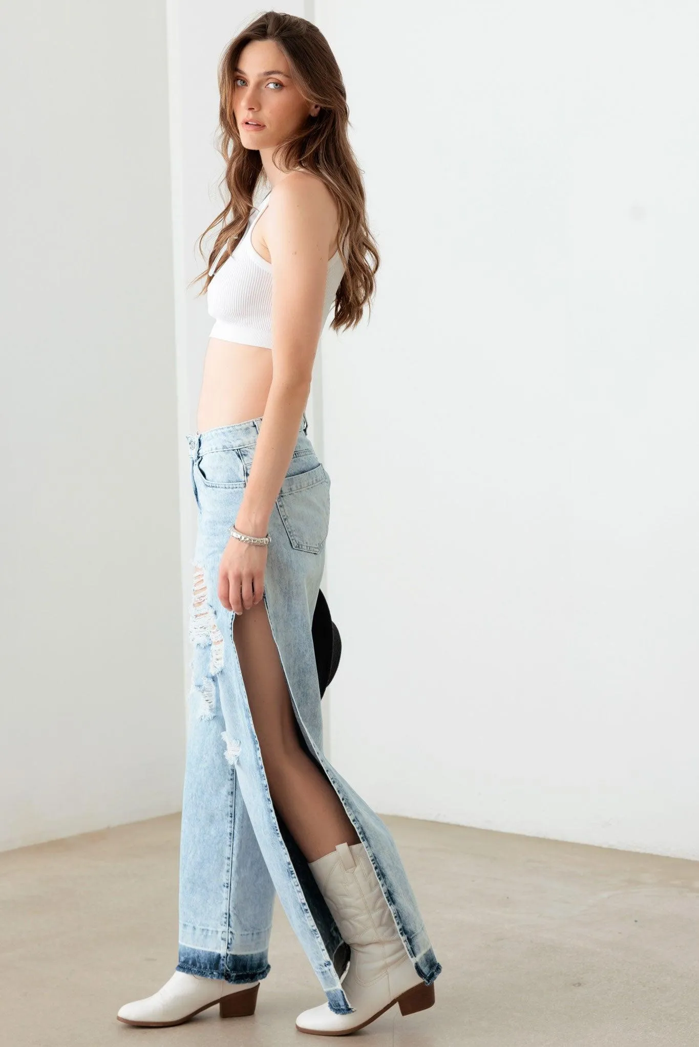 Light Blue Destroyed Deep Side Slit Raw Hem Jeans