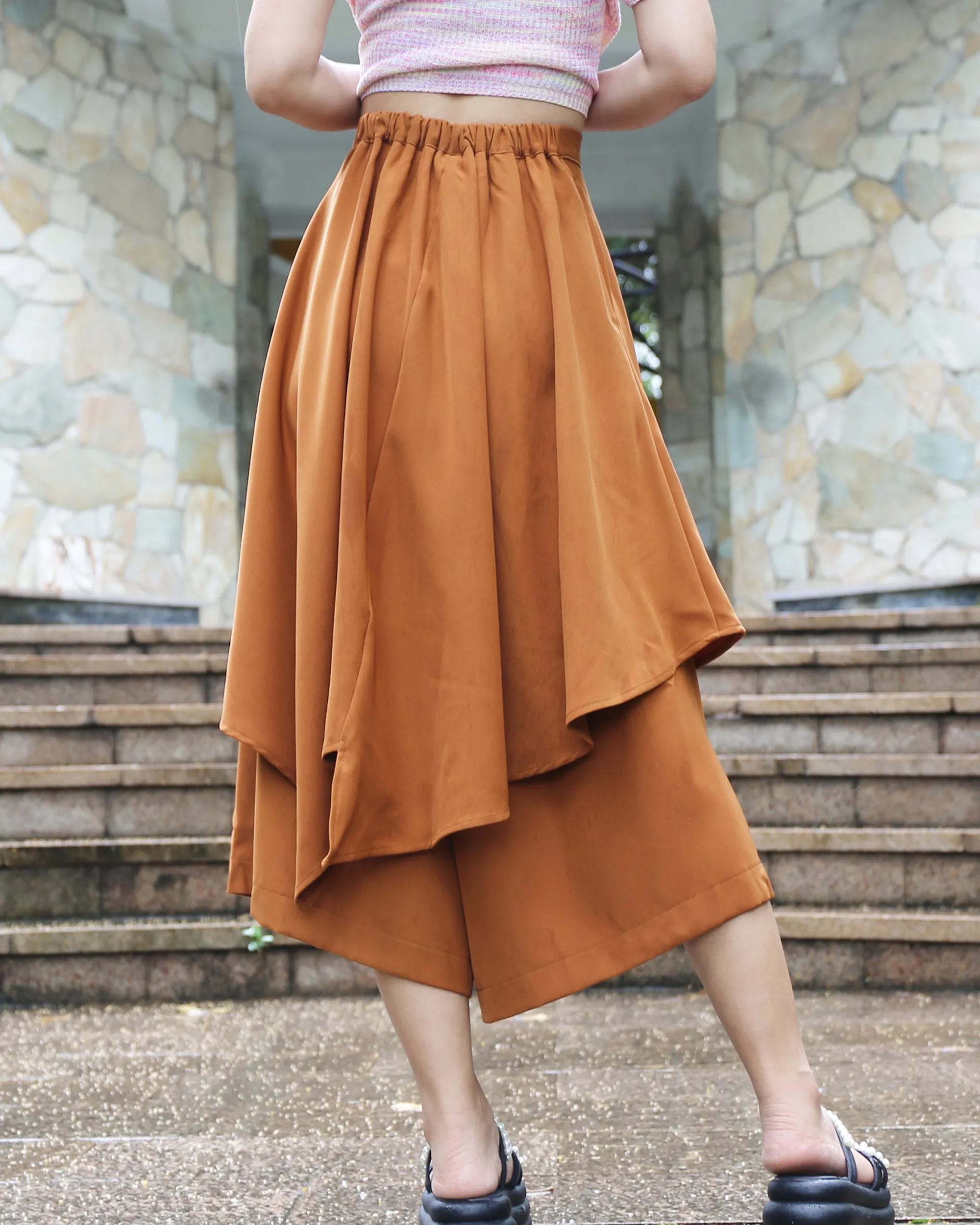 Linen skirt pants/wide leg pants/Cropped pants/Asymmetrical skirt pants/Elastic waist pants/A-line skirt pants/orange skirt/layered pants (K2135Y)