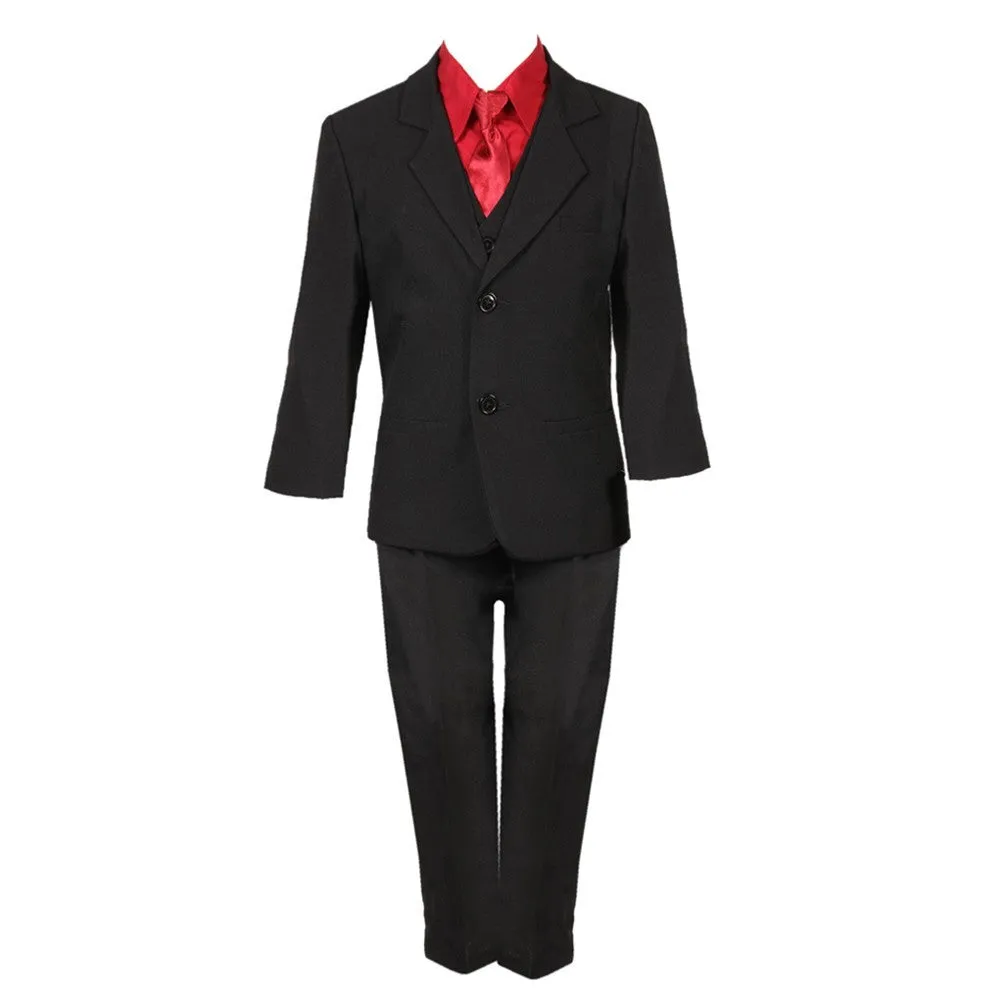 Little Boys Black Red 5 Piece Vest Jacket Pants Special Occasion Suit 2-7