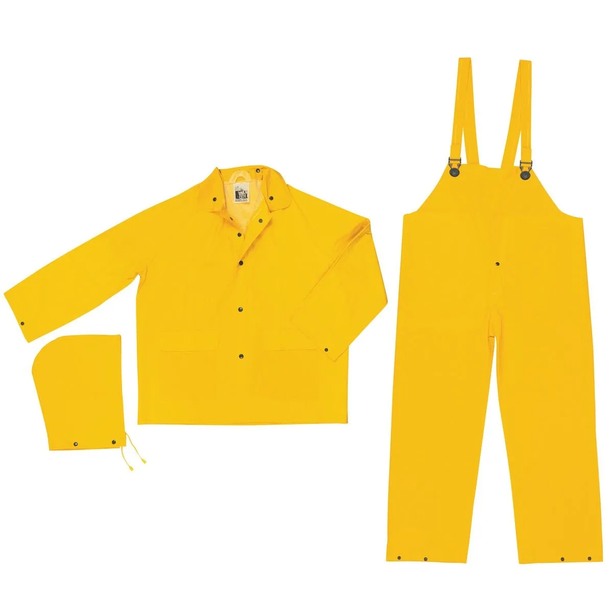 MCR Safety PVC/Polyester 3 Piece Rain Suit, Detachable Hood, Snap Front Jacket and Bib Pants, Yellow, 2003