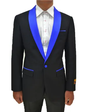 Mens One Button Contrast Shawl Collar Dinner Jacket Black & Royal