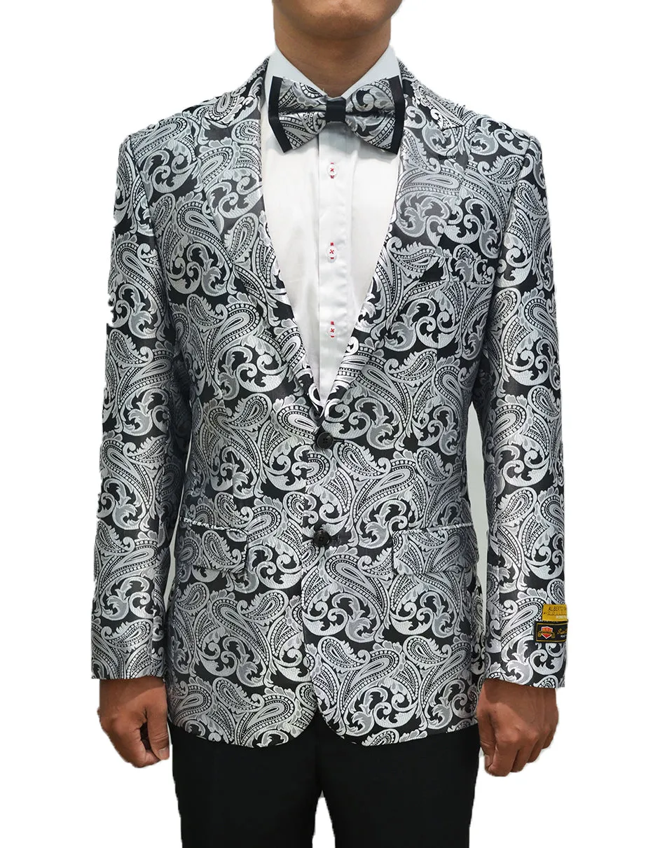 Mens Paisley Dinner Jacket Blazer in Silver Grey