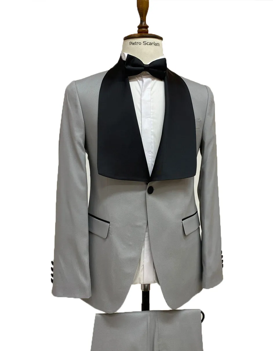 Mens Vested Designer Wide Square Shawl Tuxedo in Grey