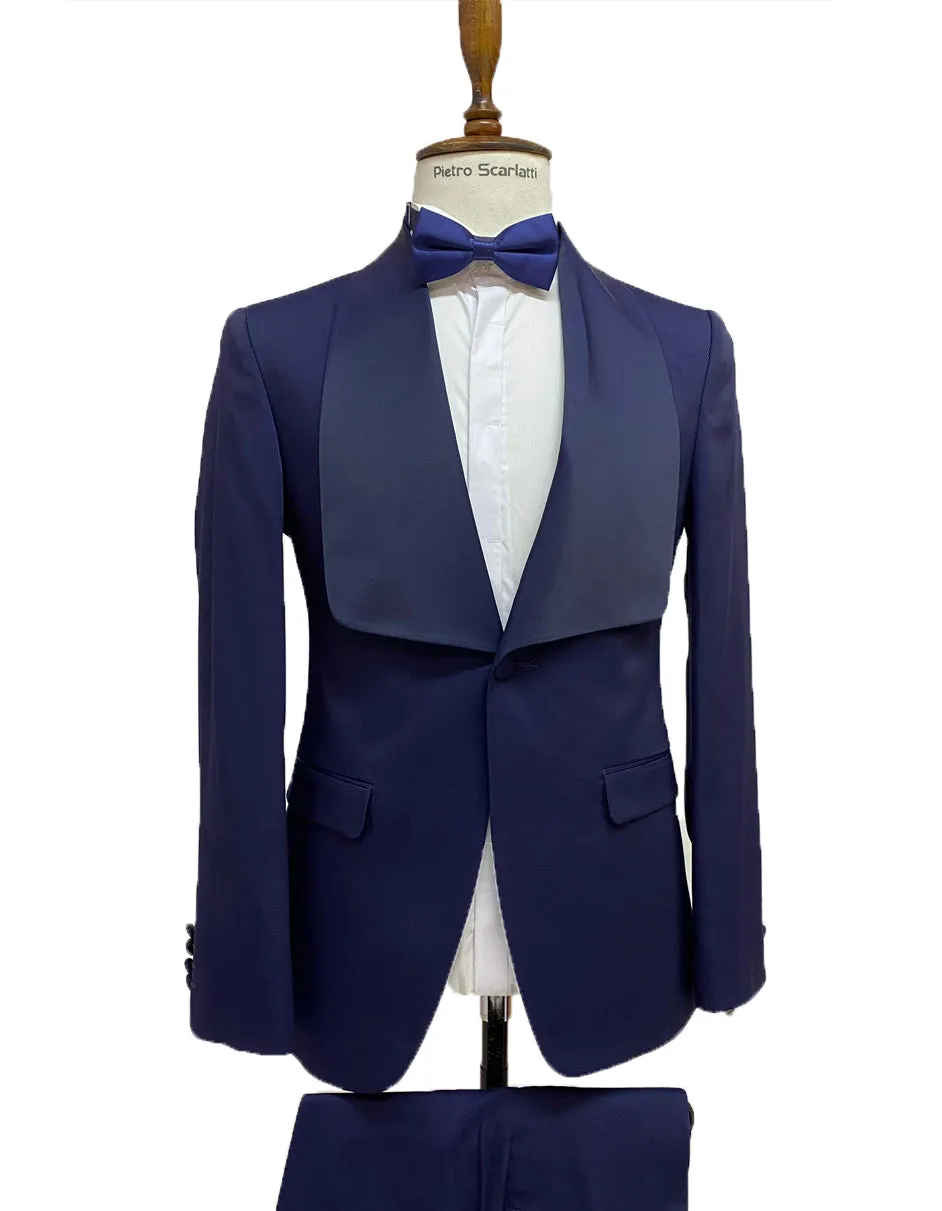 Mens Vested Designer Wide Square Shawl Tuxedo in Midnight Blue