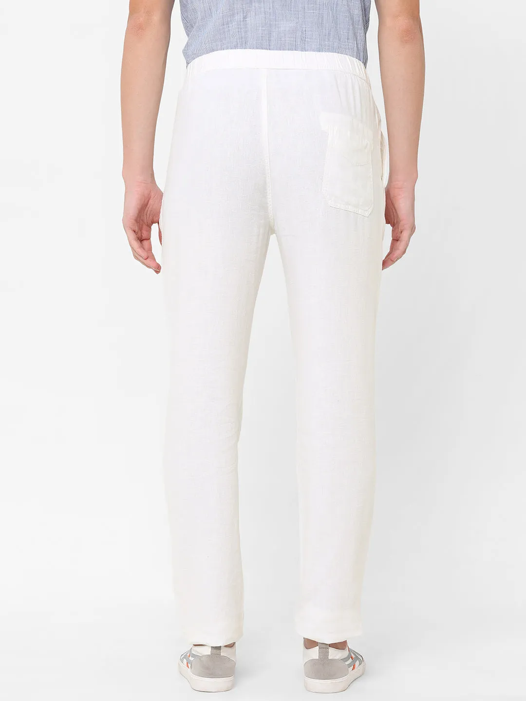 Men's White Cotton Linen Regular Fit Draw String Pant