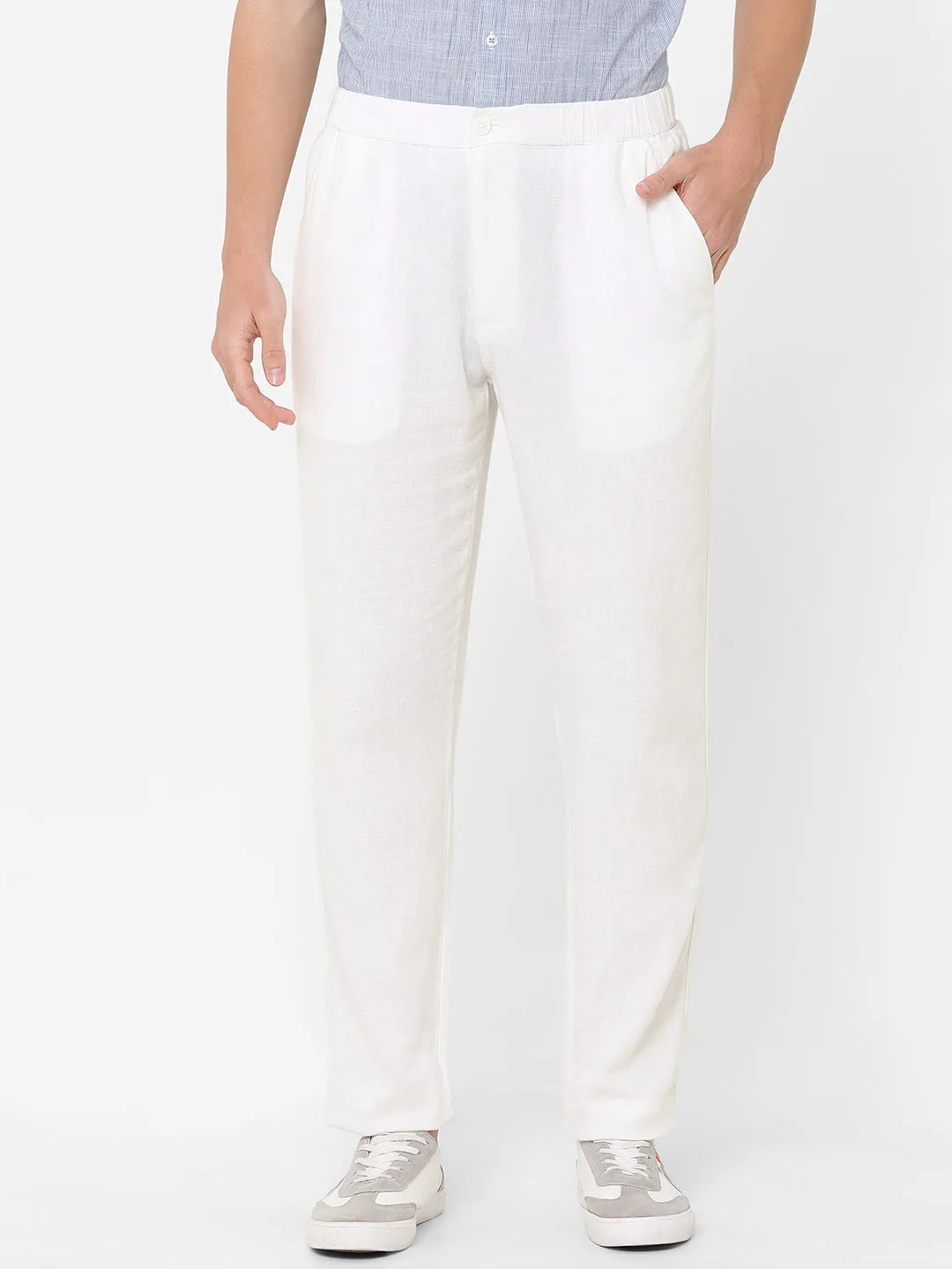 Men's White Cotton Linen Regular Fit Draw String Pant