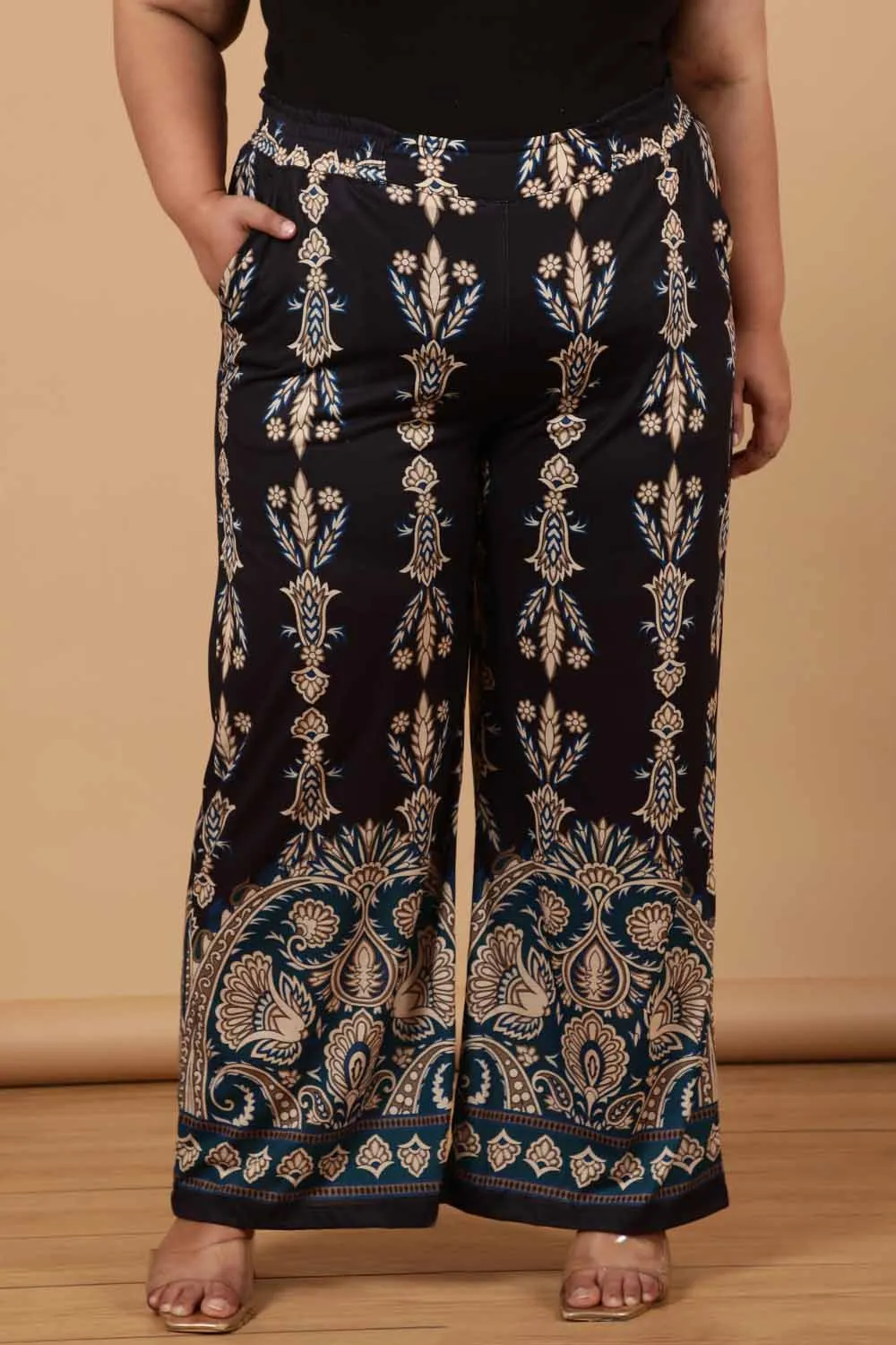 Plus Size Black Luxe Ethnic Print High Waist Pants