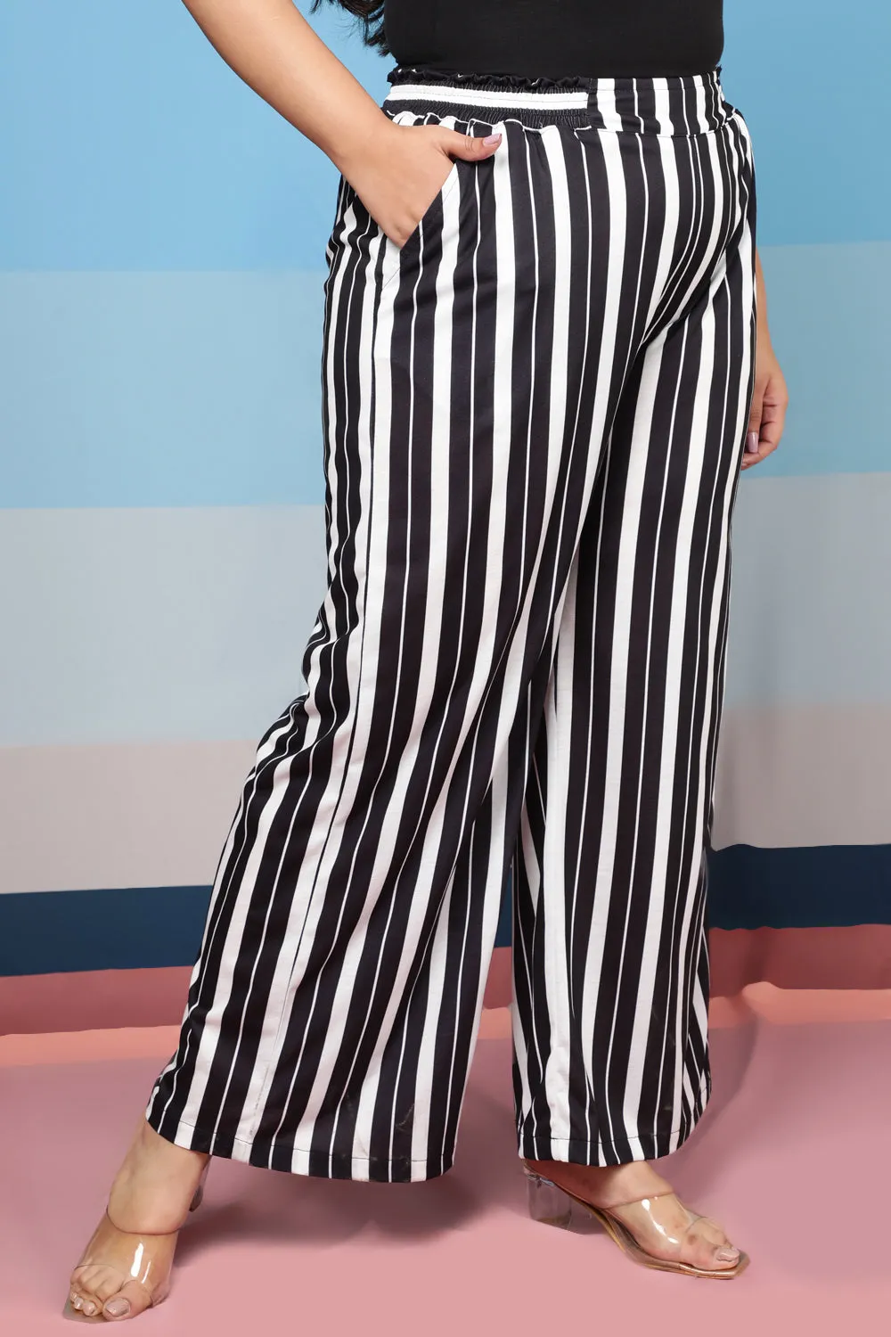 Plus Size Black White Stripes High Waist Pants