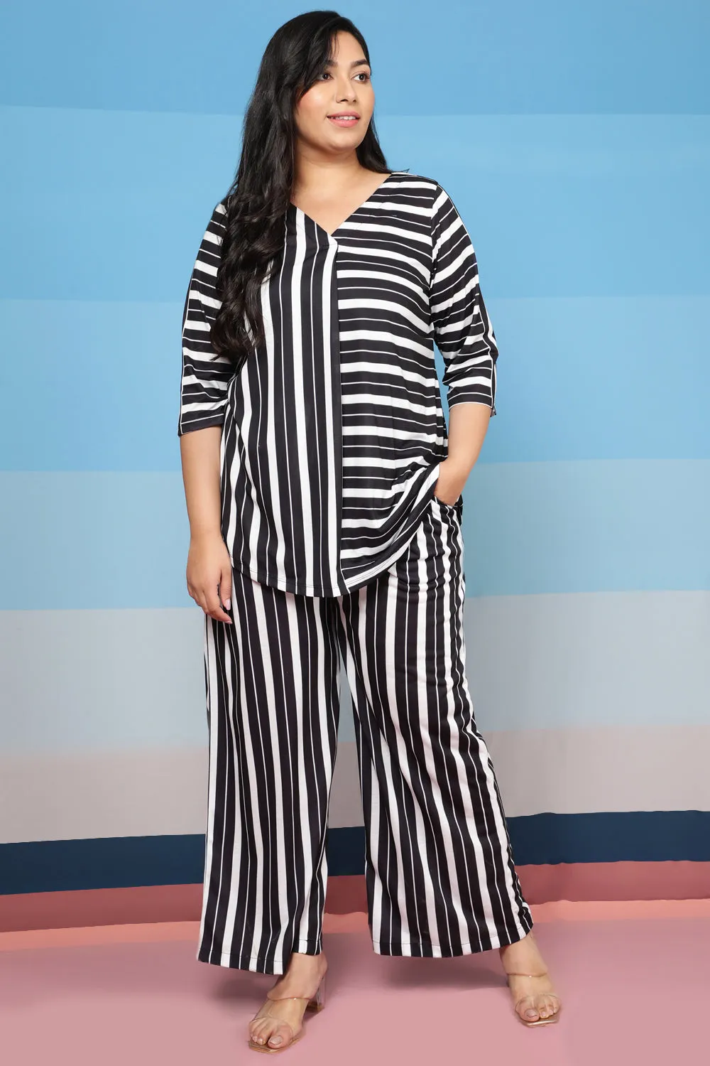 Plus Size Black White Stripes High Waist Pants