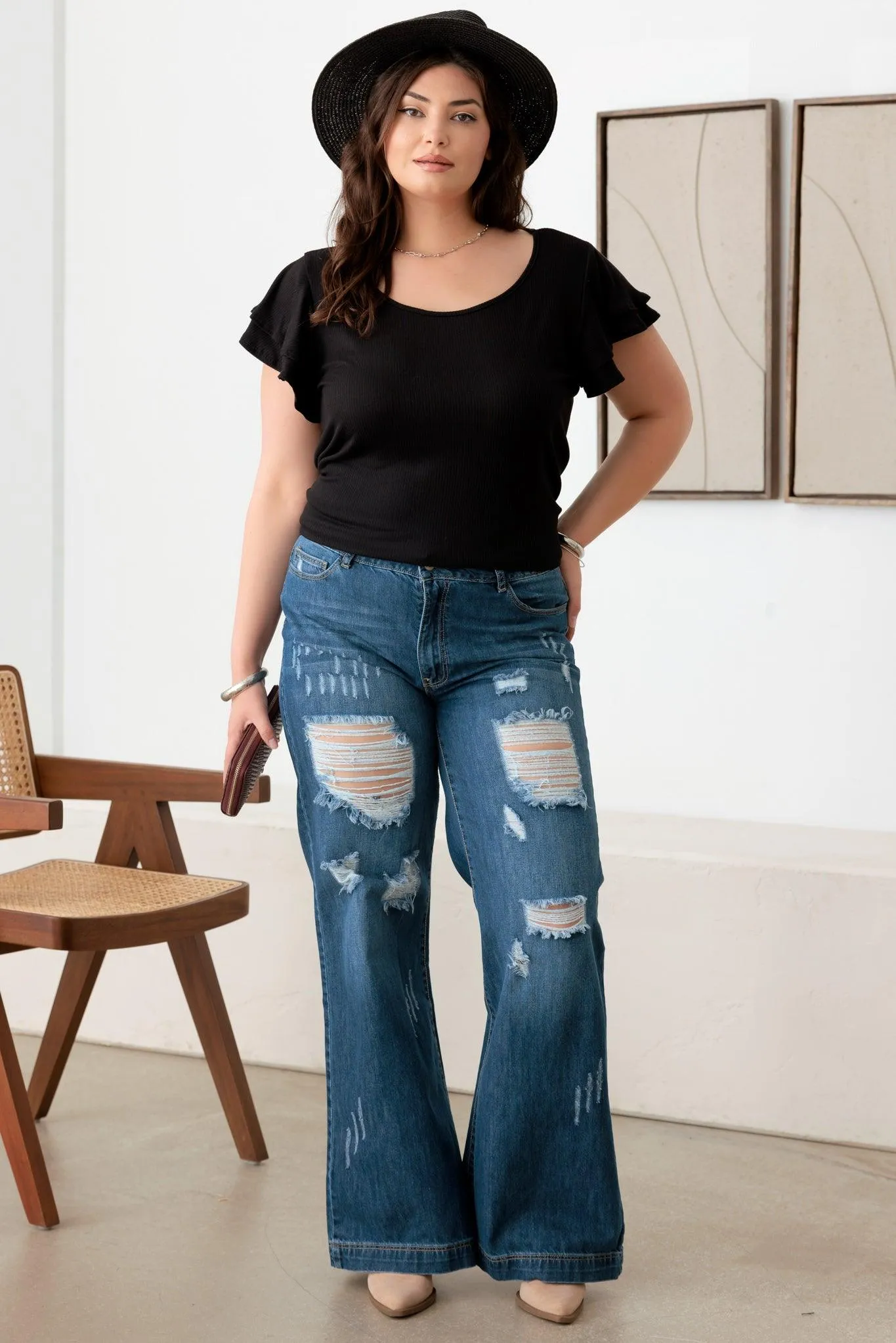 Plus Size High Rise Distressed Wide Leg Denim Jeans