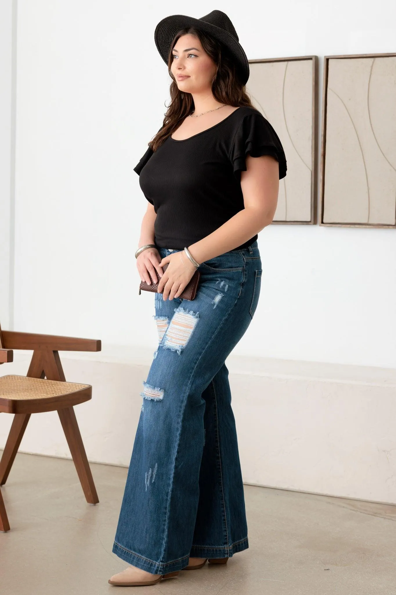 Plus Size High Rise Distressed Wide Leg Denim Jeans