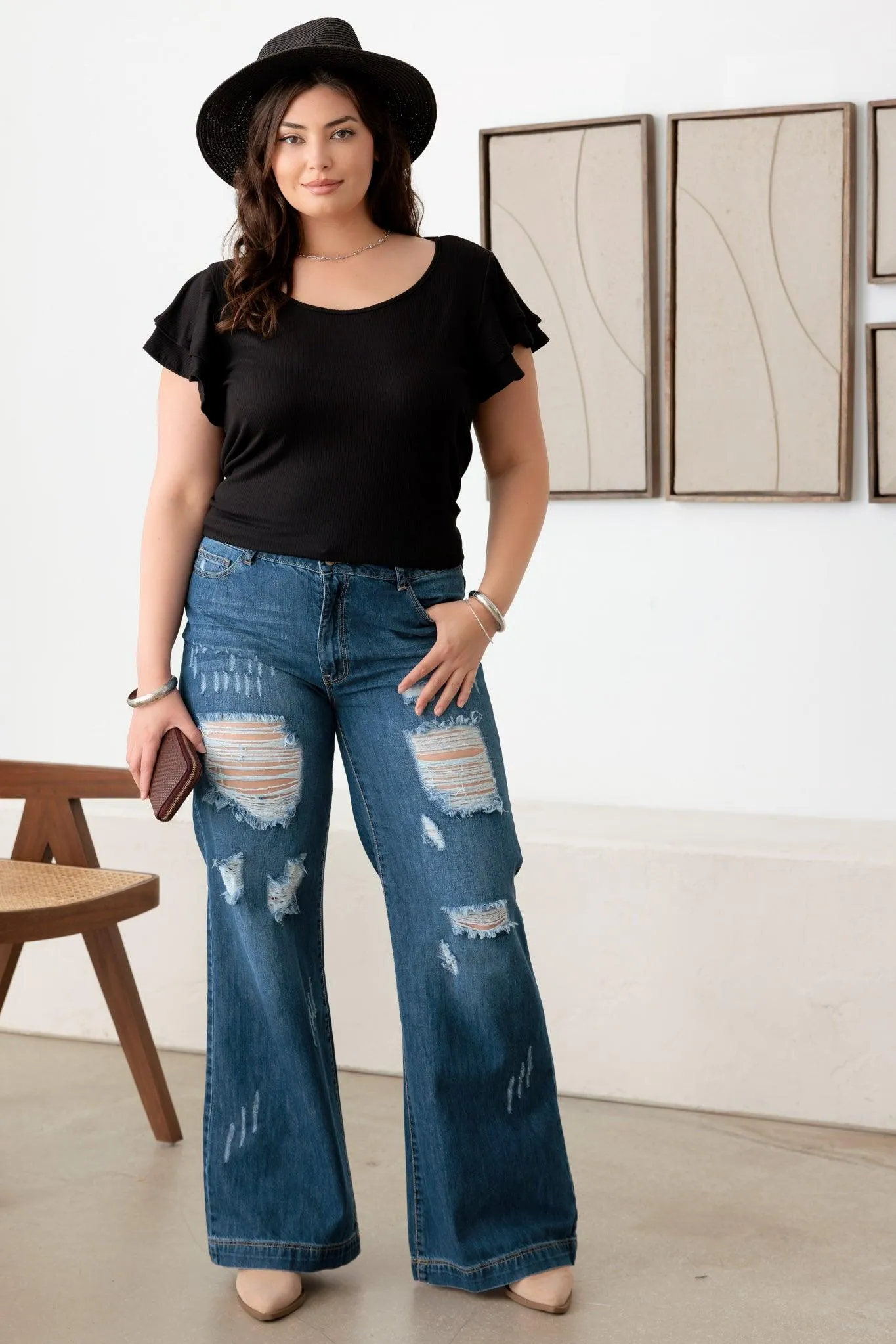 Plus Size High Rise Distressed Wide Leg Denim Jeans