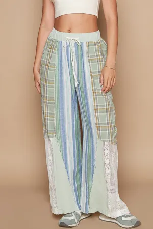 POL Plaid Print Lace Straight Pants