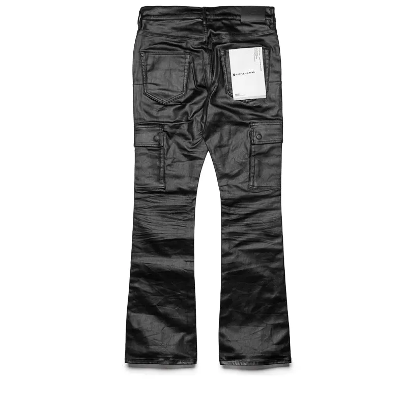 Purple Brand Low Rise Flared Leg Patent Film Cargo Jean - Black