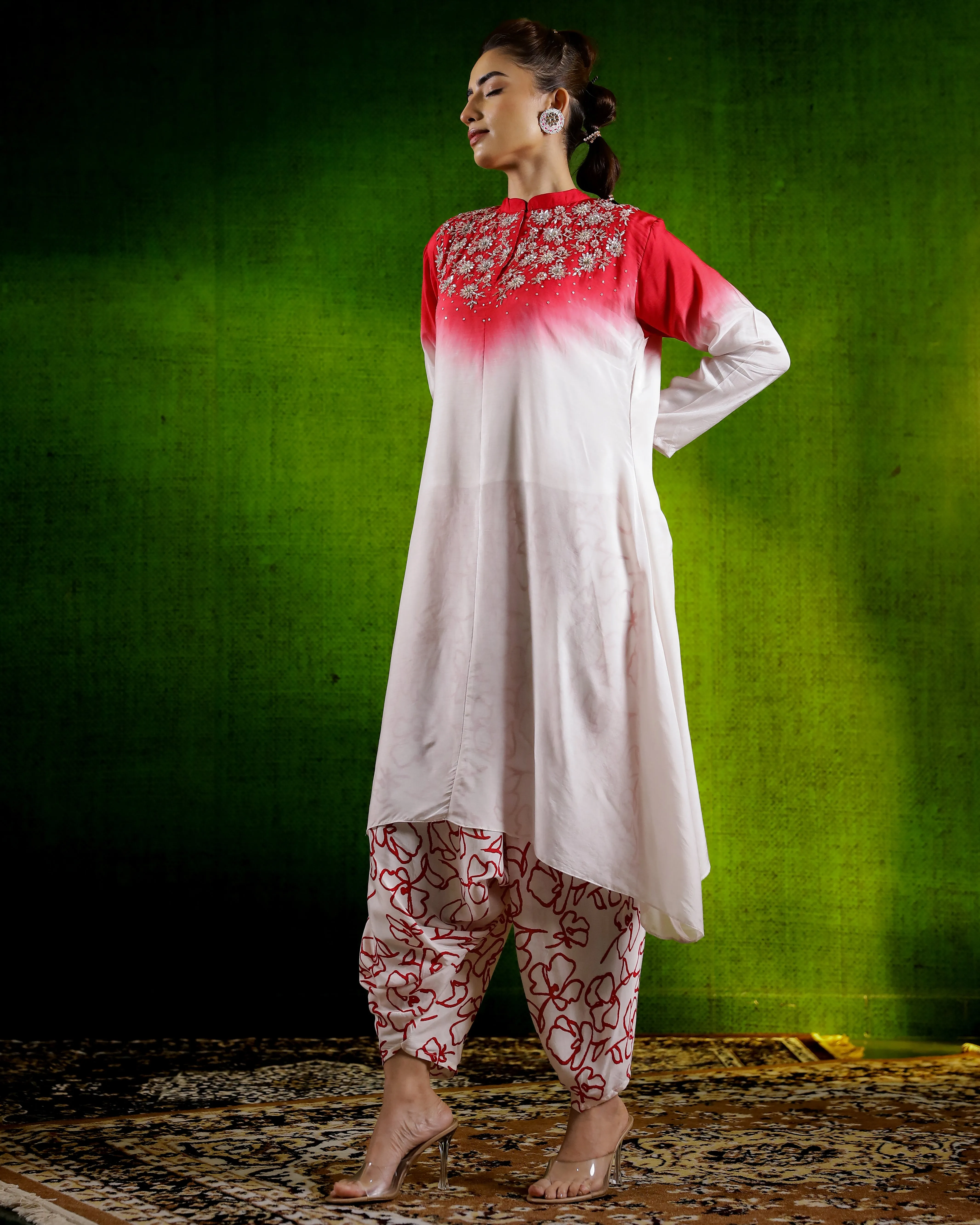 Red Ombre-Dyed Satin Silk Kurta & Cowl Pants Set