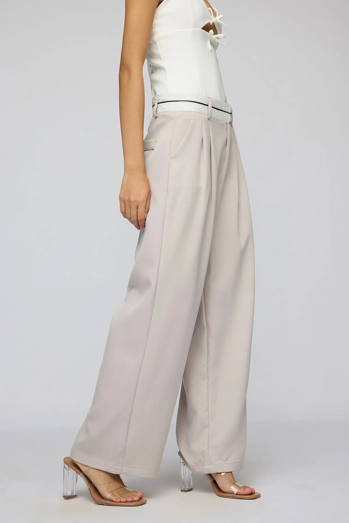 Silver Grey Contrast Waist Korean Pants