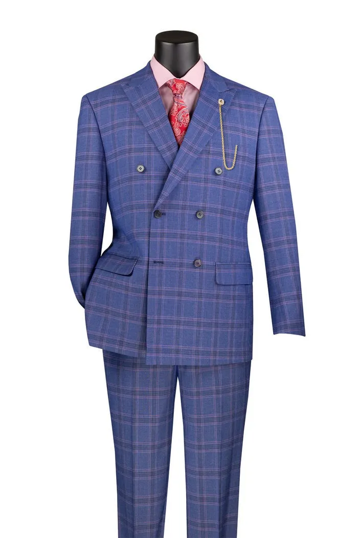 Vinci Modern Fit Double Breasted Glen Plaid Peak Lapel 2 Piece Suit Blue MDW-2