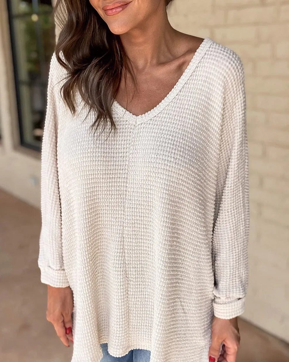 Waffle Side Slit V-Neck Top