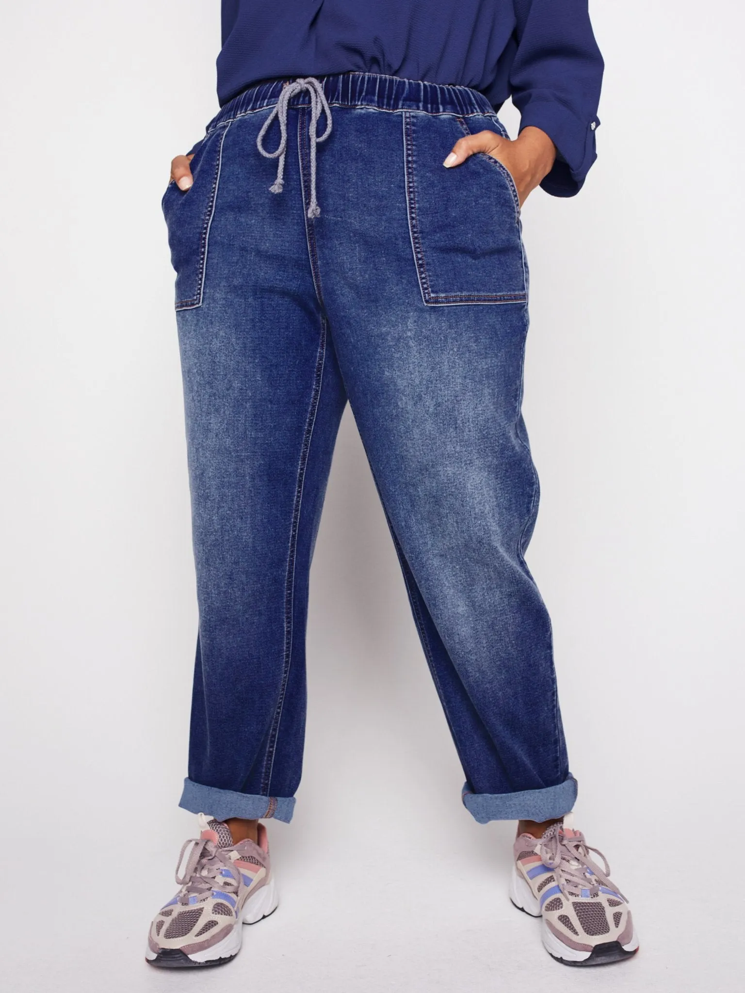 Westport Knit Denim Weekender Pant with Pockets and Drawstring Waist  - Plus