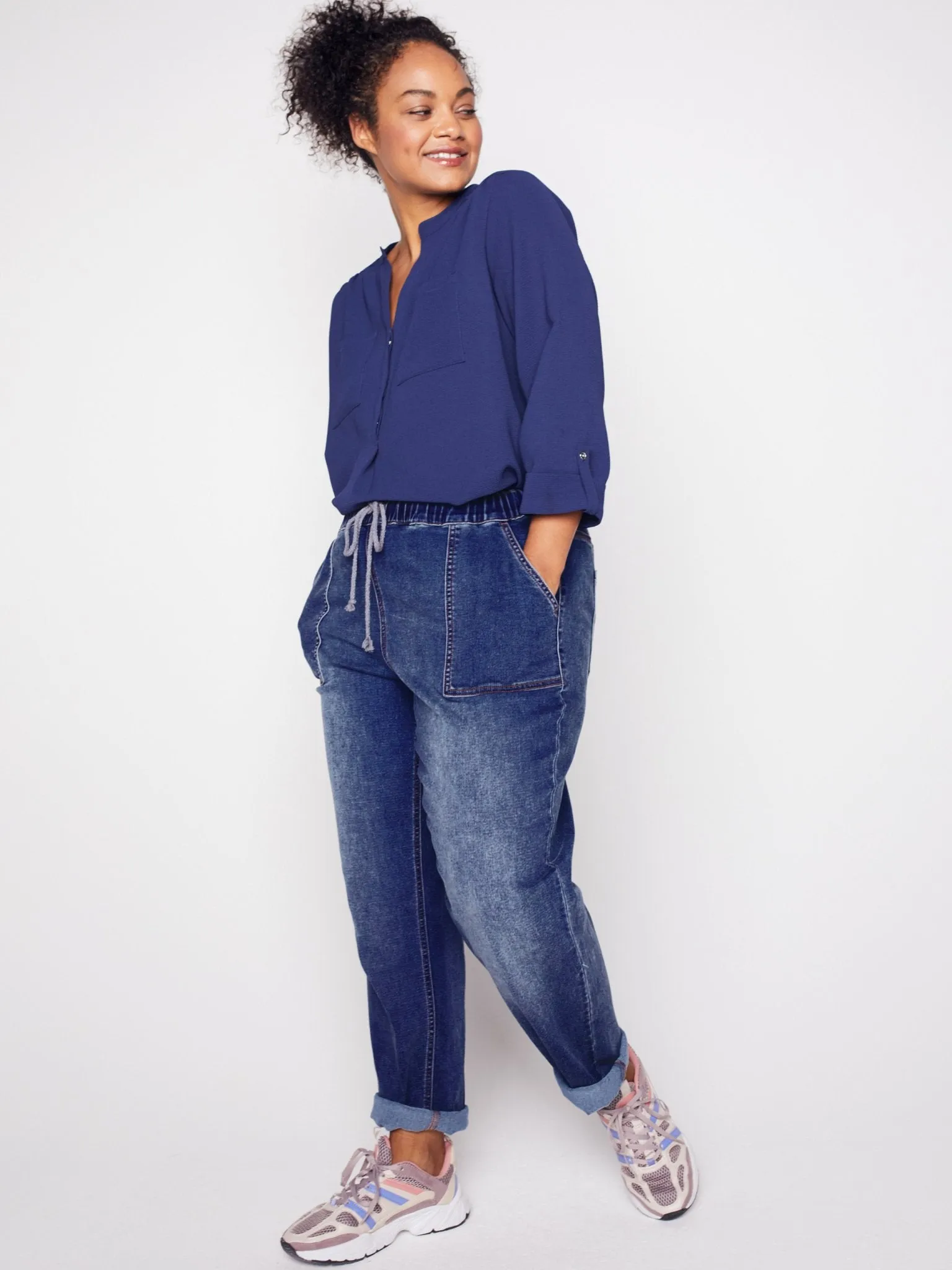 Westport Knit Denim Weekender Pant with Pockets and Drawstring Waist  - Plus